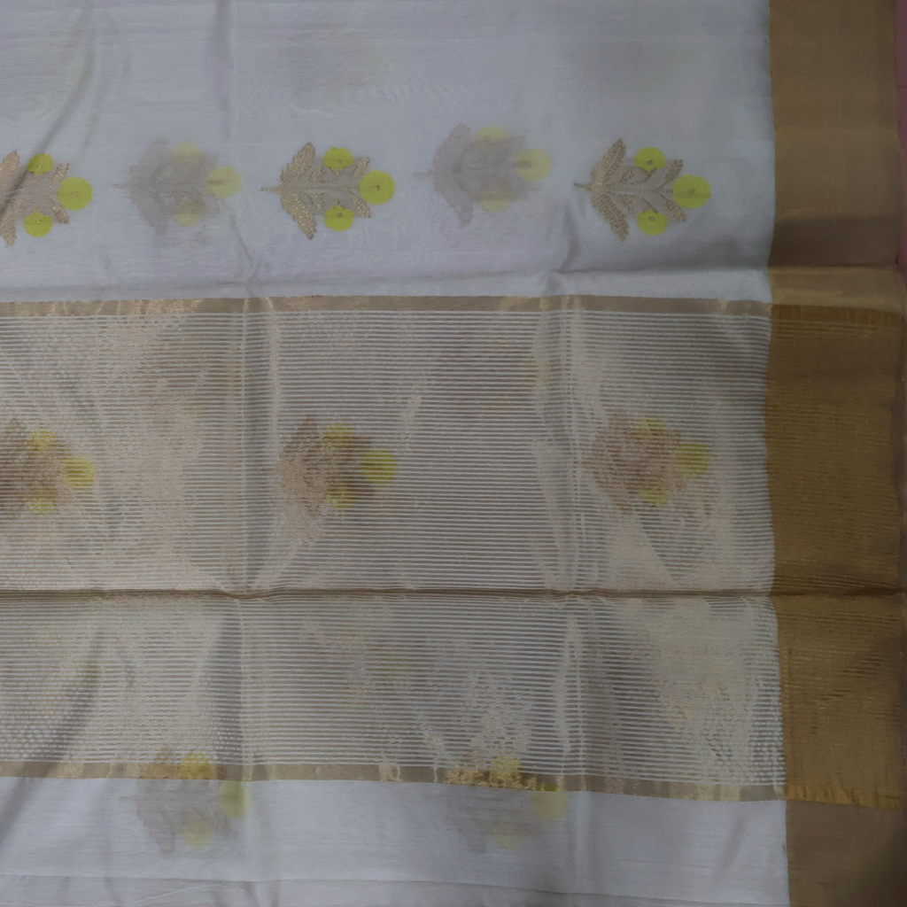 White Katan Silk Chanderi Saree with Gadhi Border & Floral Zari Butti