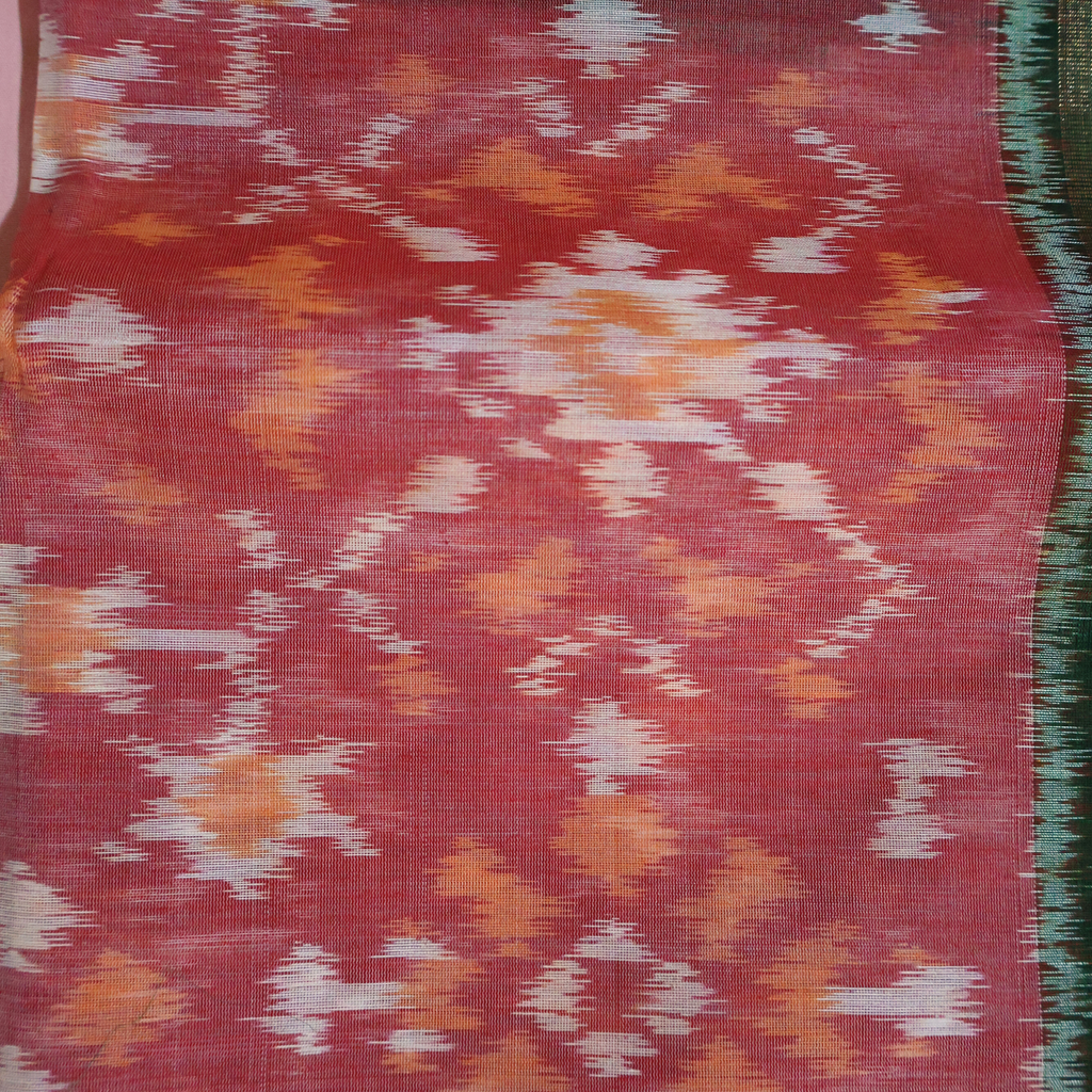 Pink Cotton Silk Pochampally Ikat Saree with Green Zari Border
