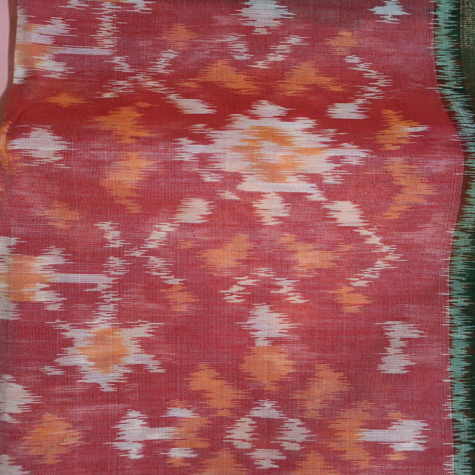 Pink Cotton Silk Pochampally Ikat Saree with Green Zari Border