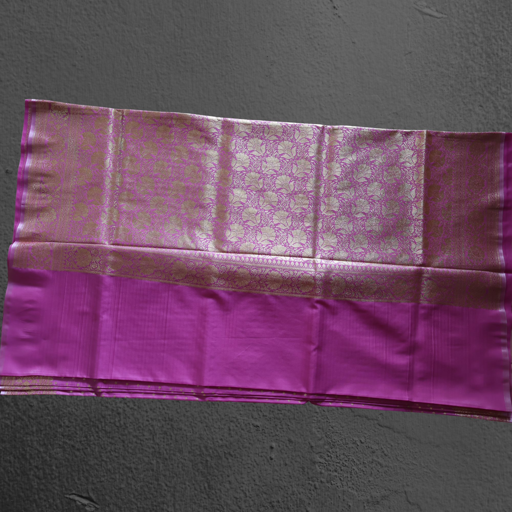 Pink Katan Silk Banarasi Saree with Gold Zari Buttas & Traditional Floral Border