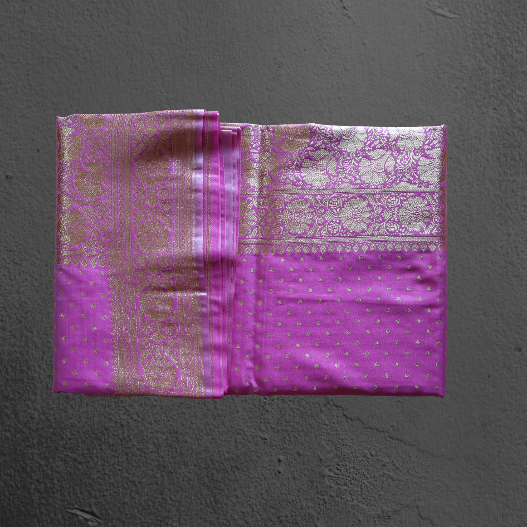 Pink Katan Silk Banarasi Saree with Gold Zari Buttas & Traditional Floral Border