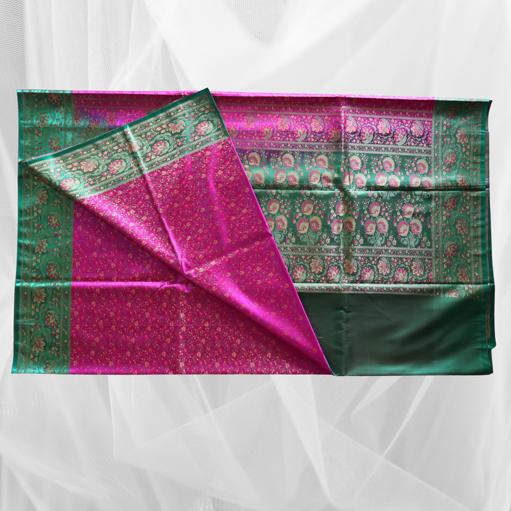 Rani Pink and Emerald Green Banarasi Mashru Silk Saree with Jamawar Motifs