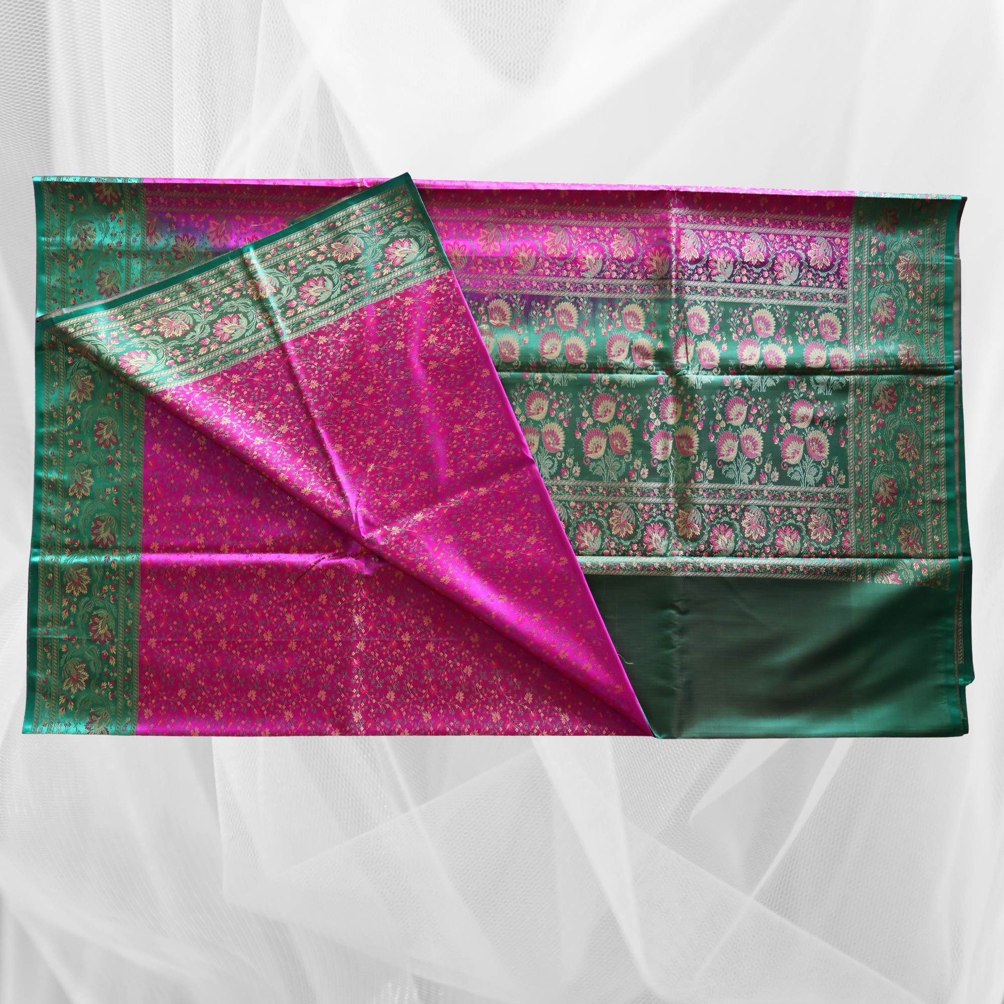 Rani Pink and Emerald Green Banarasi Mashru Silk Saree with Jamawar Motifs