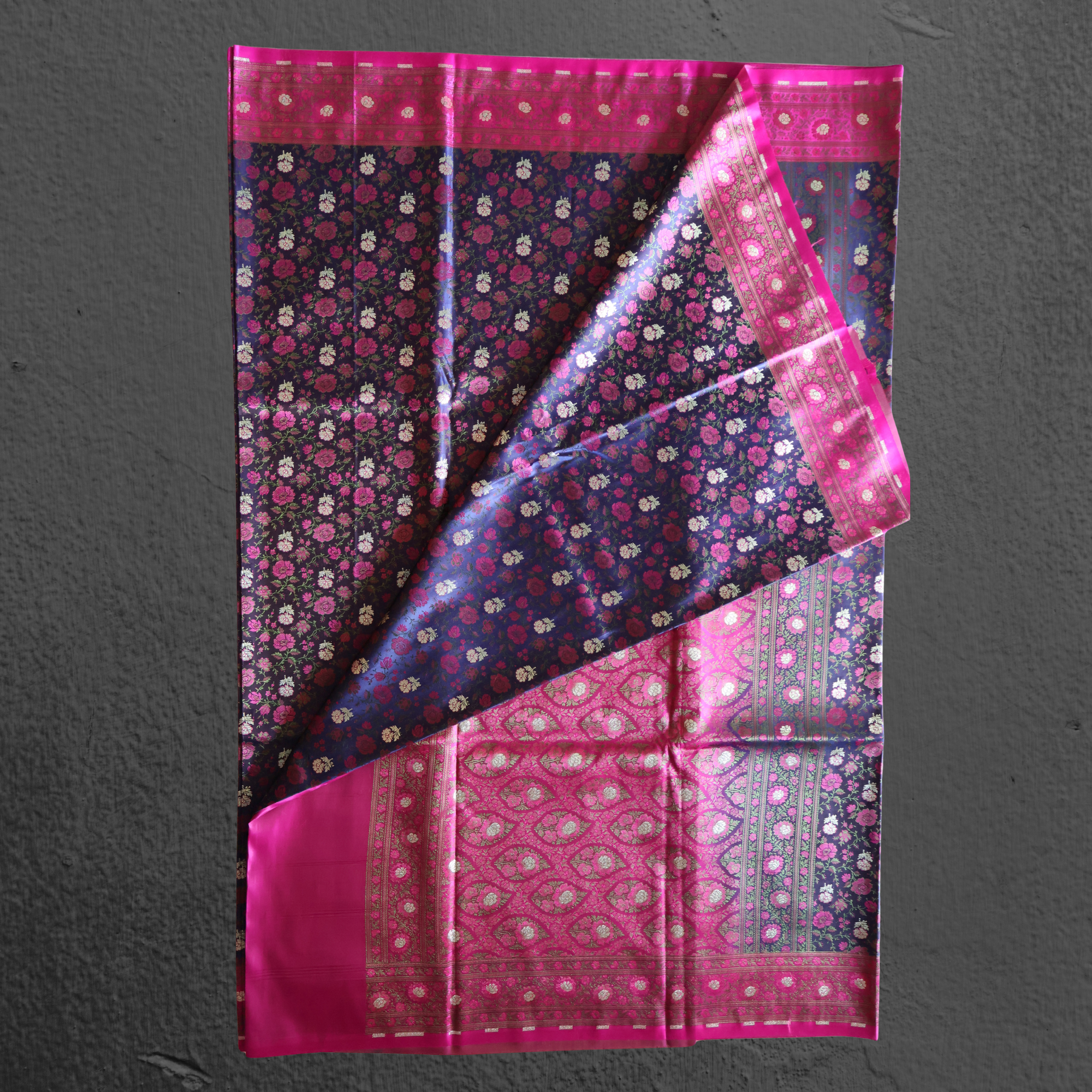 Navy Blue & Rani Pink Banarasi Mashru Silk Saree with Floral Jamawar Weave