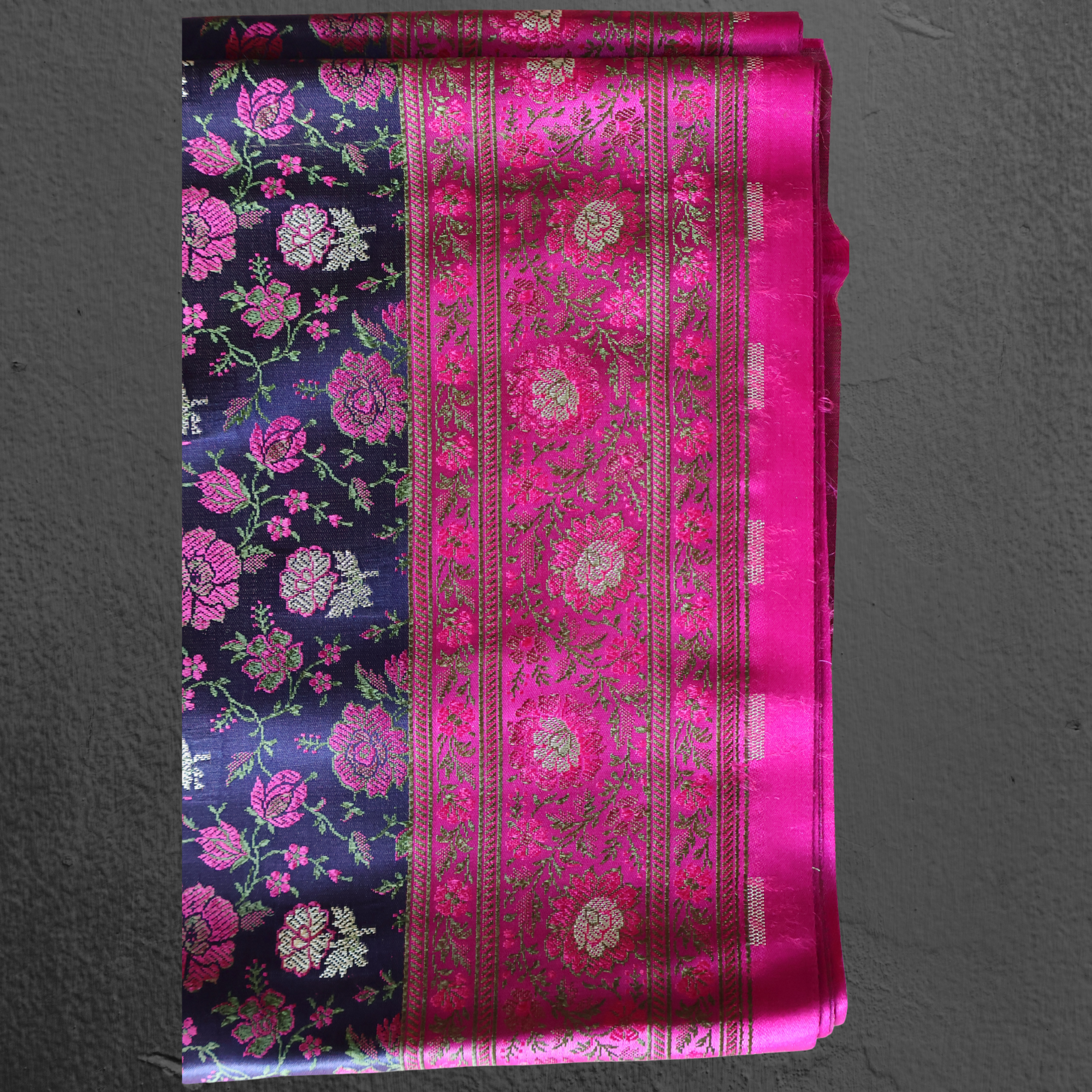 Navy Blue & Rani Pink Banarasi Mashru Silk Saree with Floral Jamawar Weave