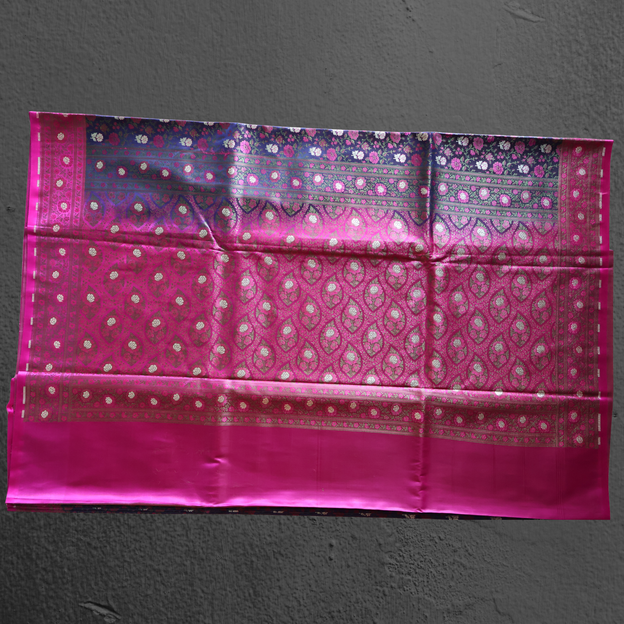 Navy Blue & Rani Pink Banarasi Mashru Silk Saree with Floral Jamawar Weave