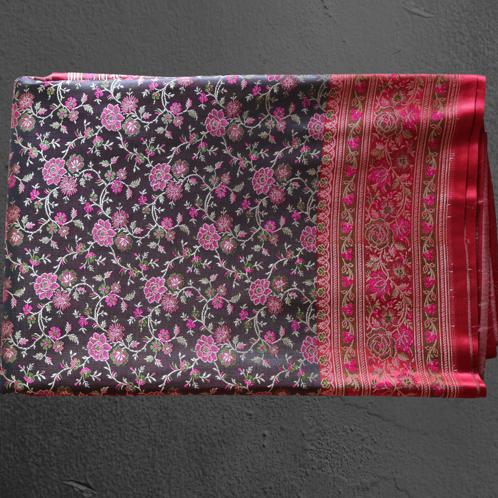 Dark Grey & Red Banarasi Mashru Silk Saree with All-Over Floral Jamawar Work