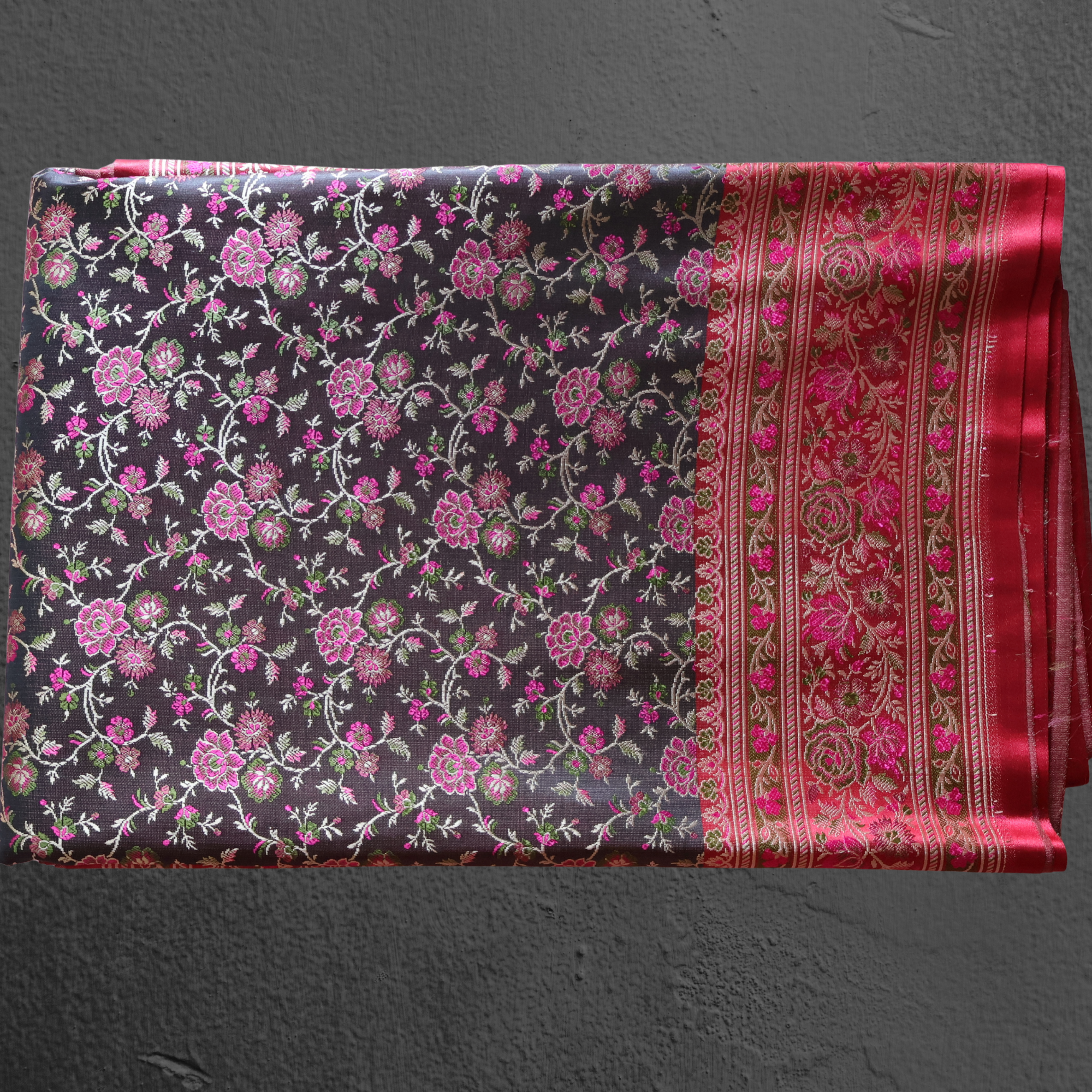 Dark Grey & Red Banarasi Mashru Silk Saree with All-Over Floral Jamawar Work