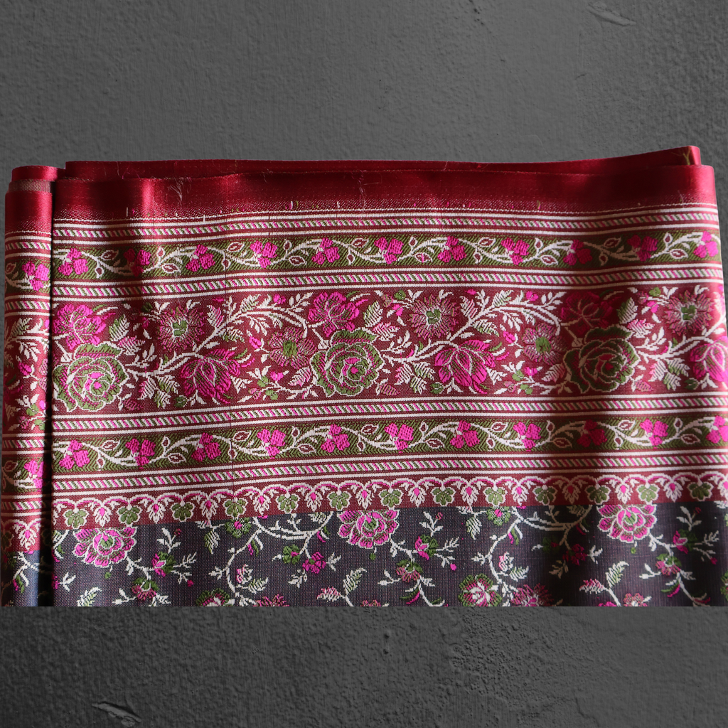 Dark Grey & Red Banarasi Mashru Silk Saree with All-Over Floral Jamawar Work