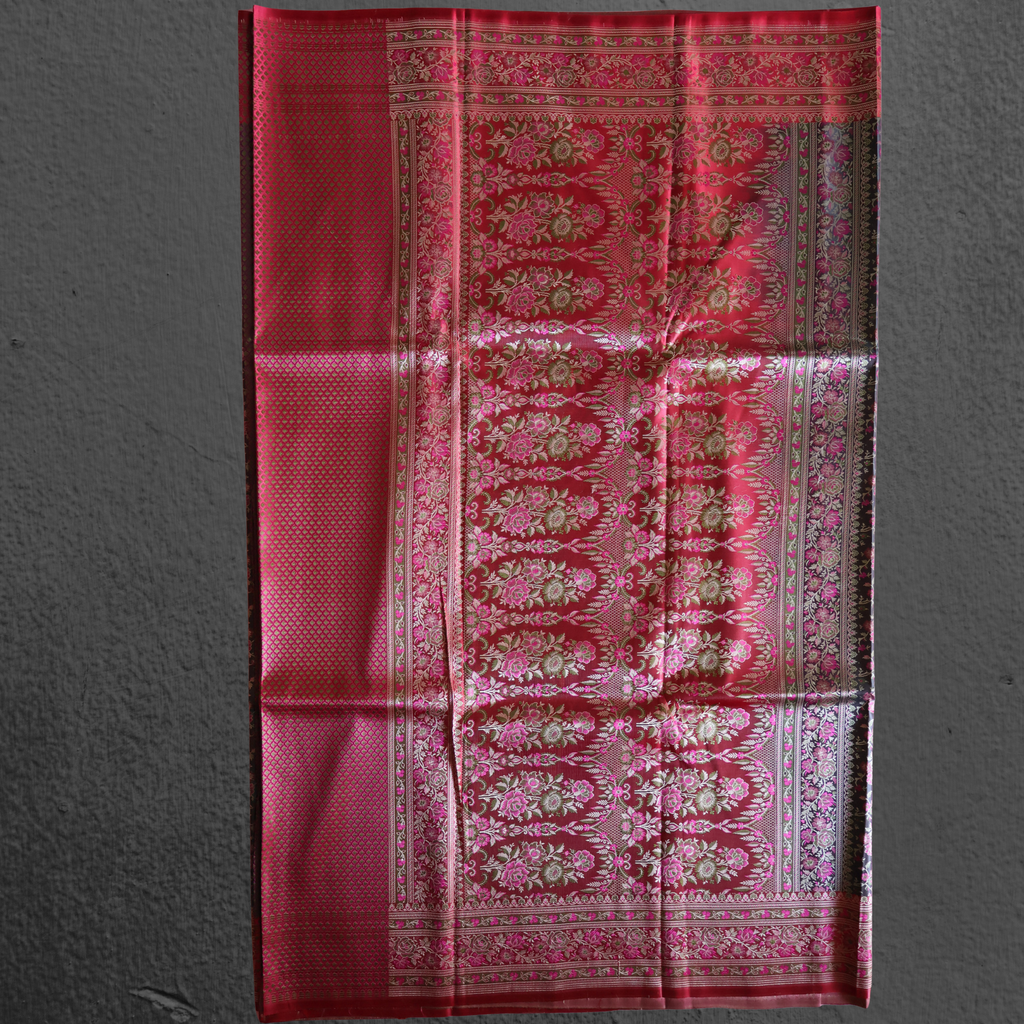 Dark Grey & Red Banarasi Mashru Silk Saree with All-Over Floral Jamawar Work