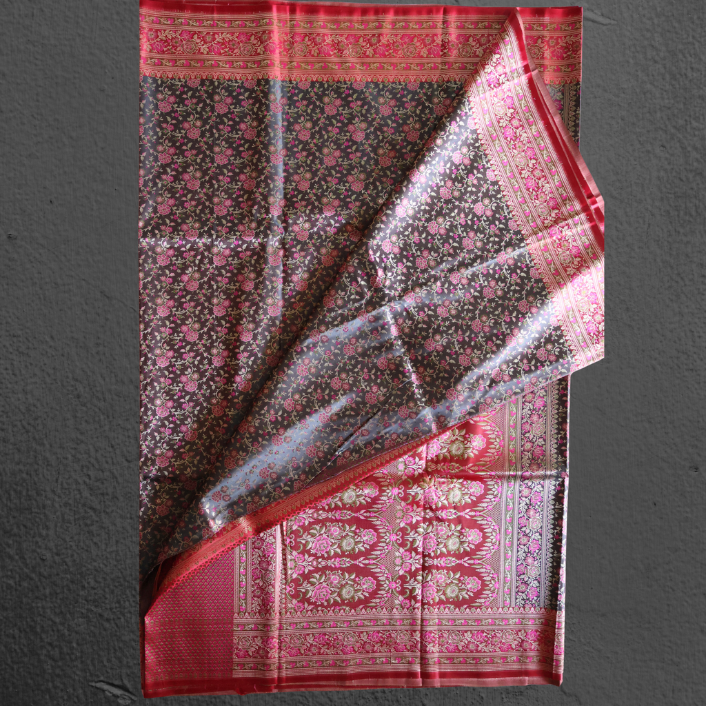 Dark Grey & Red Banarasi Mashru Silk Saree with All-Over Floral Jamawar Work