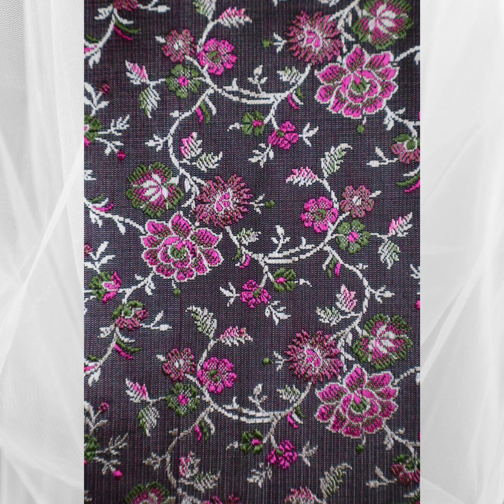 Dark Grey & Red Banarasi Mashru Silk Saree with All-Over Floral Jamawar Work