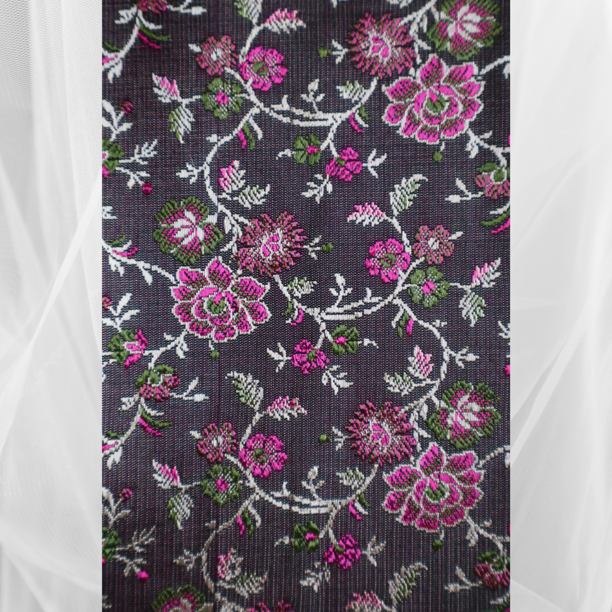 Dark Grey & Red Banarasi Mashru Silk Saree with All-Over Floral Jamawar Work