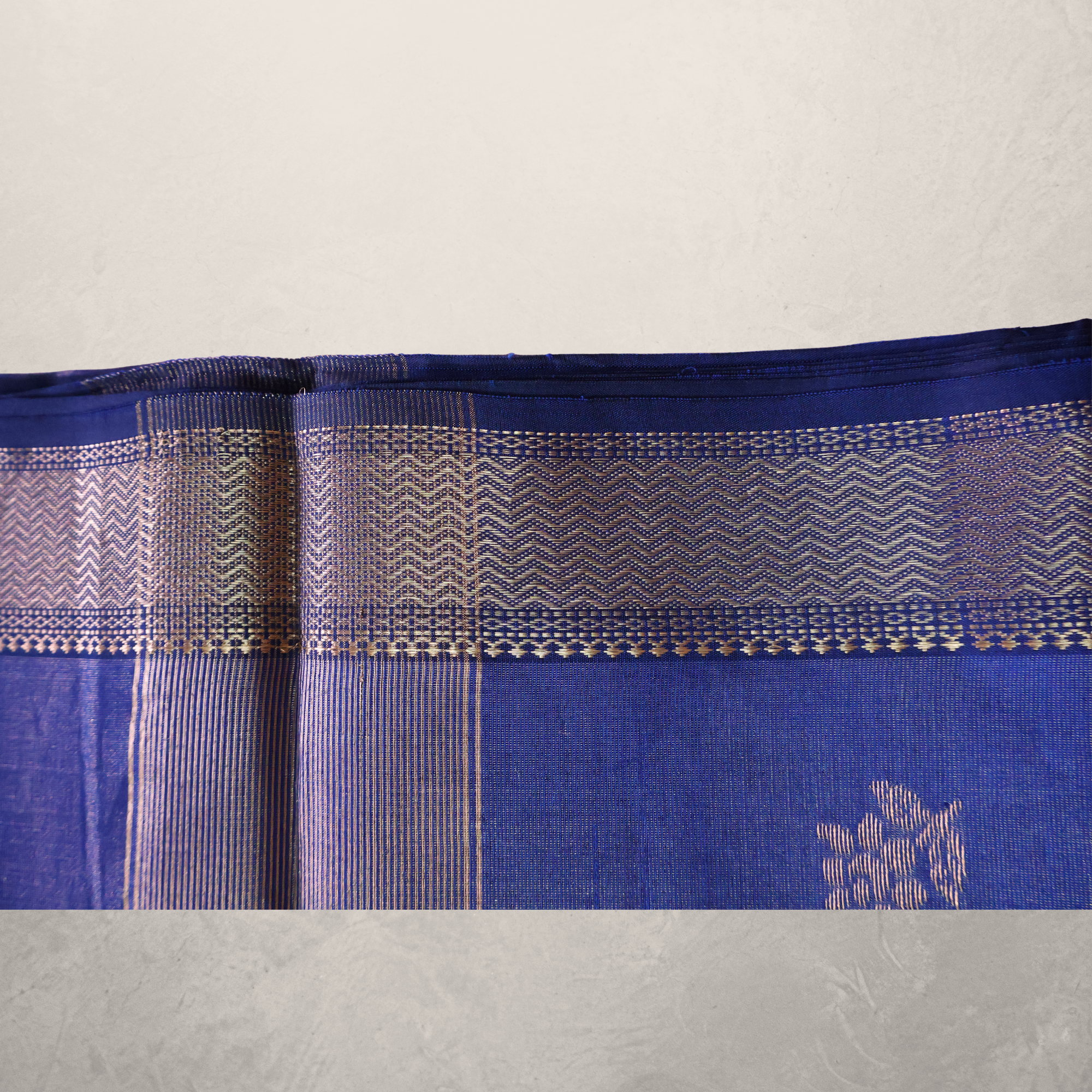 Deep Indigo Maheshwari Silk Cotton Saree with Gold Butti and Subtle Zari Border