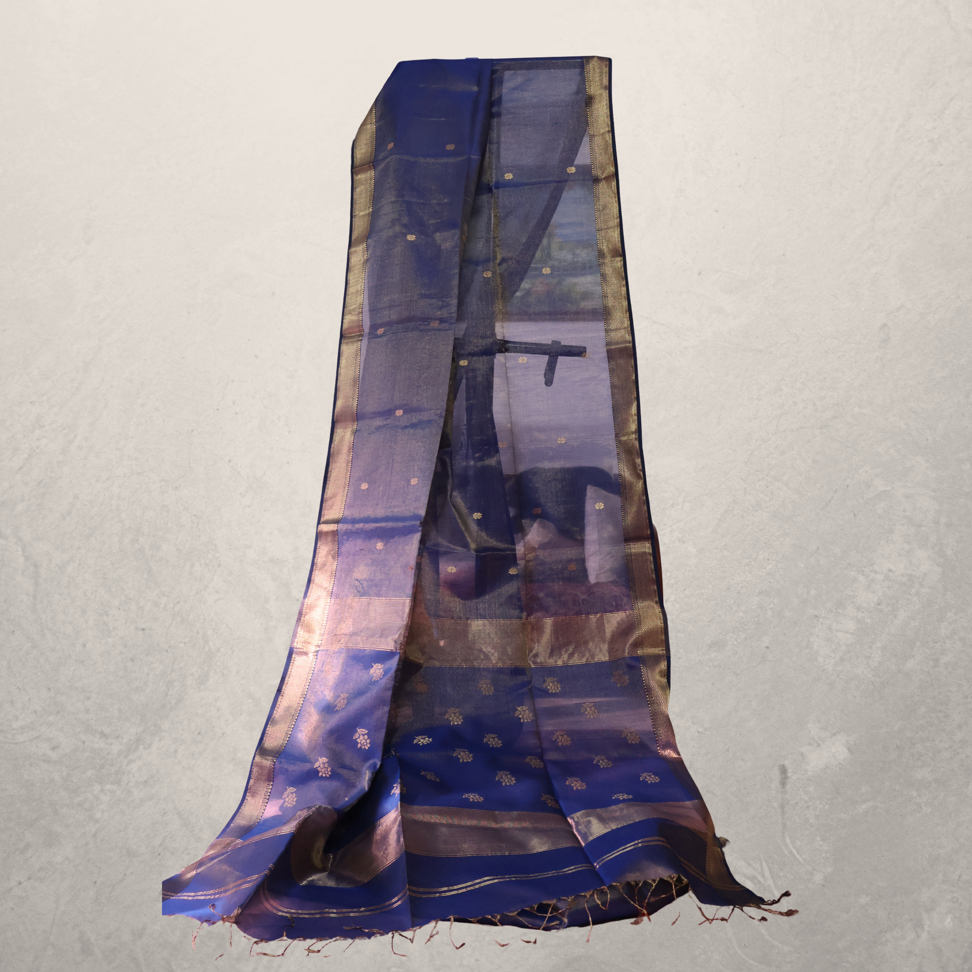 Deep Indigo Maheshwari Silk Cotton Saree with Gold Butti and Subtle Zari Border