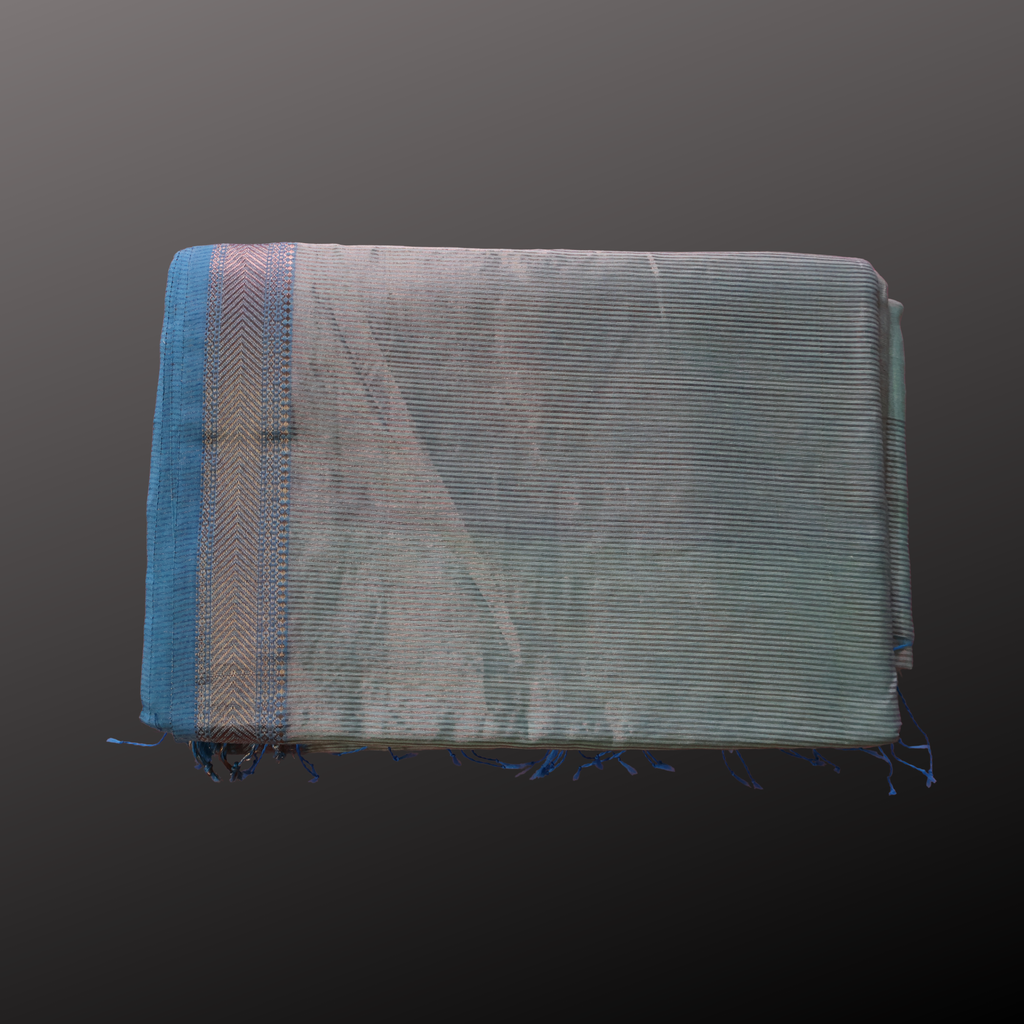Pale Green Maheshwari Silk Cotton Saree with Sky Blue Border and Subtle Zari Weave