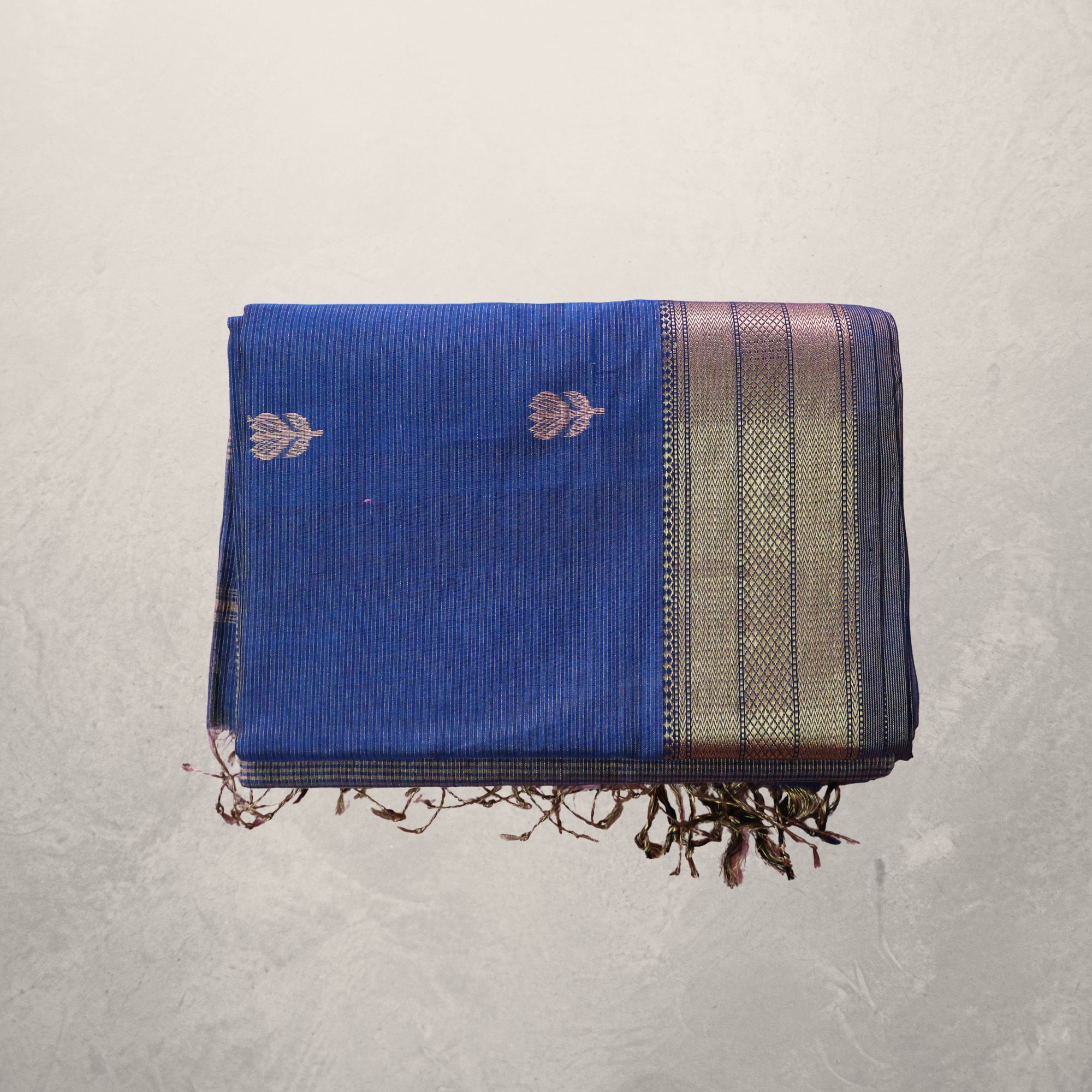 Navy Blue Maheshwari Silk Cotton Saree with Gold Butti and Rich Zari Border