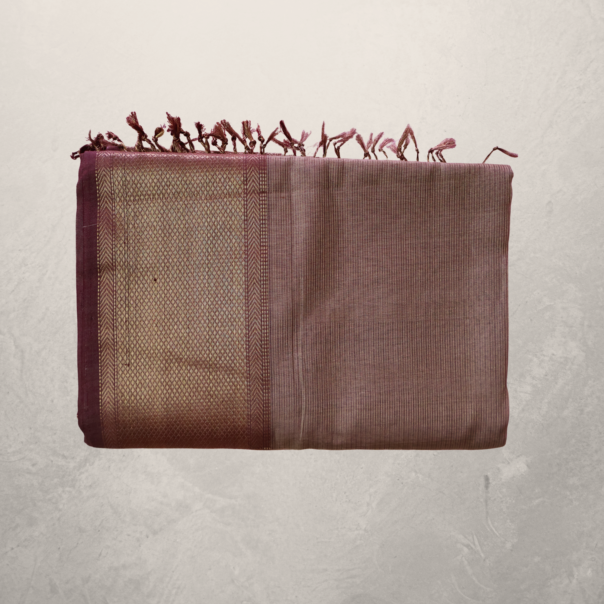 Wine Maroon Maheshwari Silk Cotton Saree with Antique Gold Zari Border and Woven Pallu