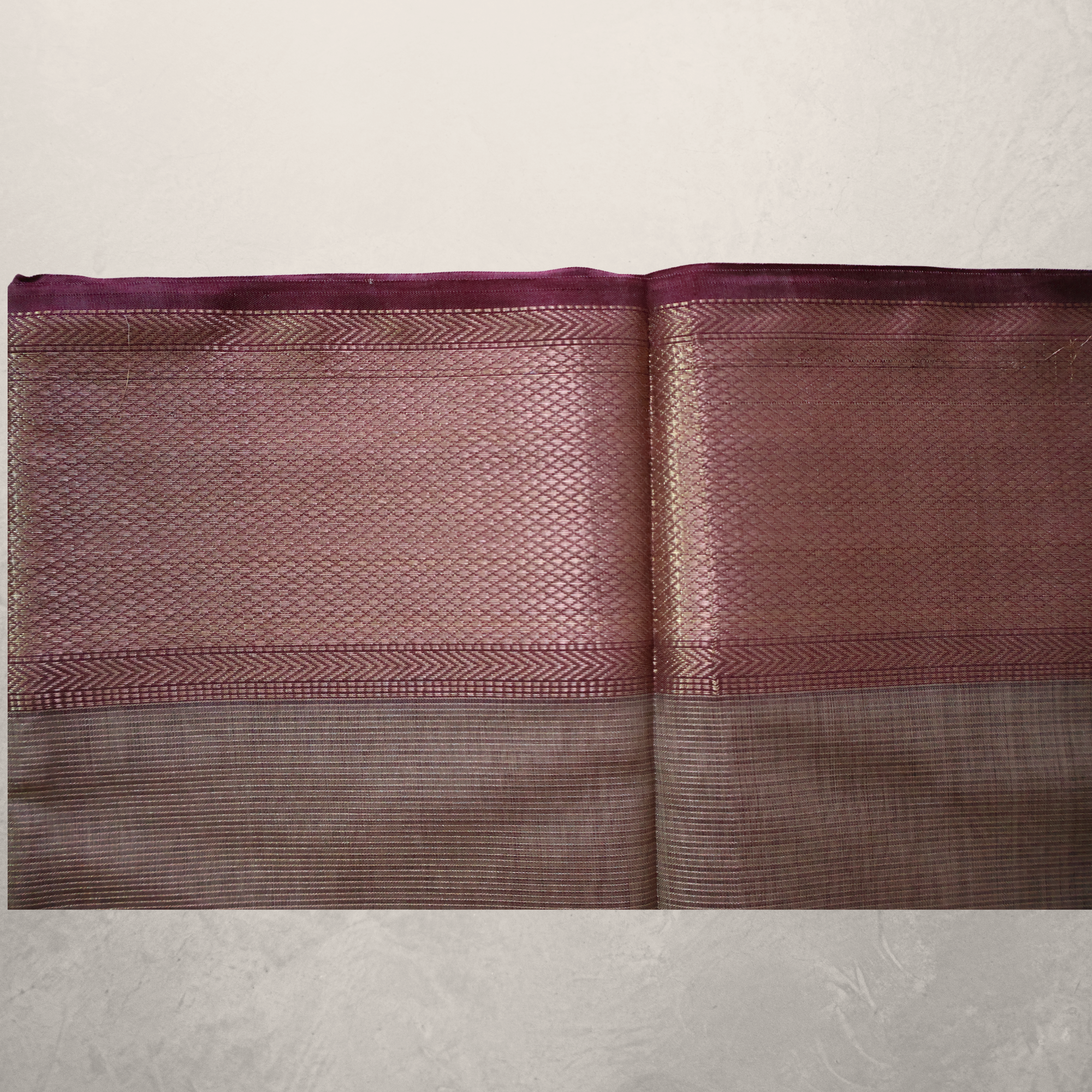Wine Maroon Maheshwari Silk Cotton Saree with Antique Gold Zari Border and Woven Pallu