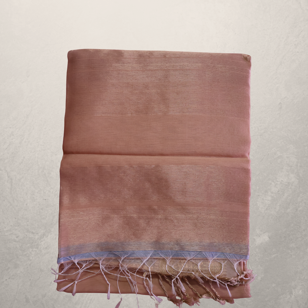 Blush Pink Tissue Maheshwari Silk Cotton Saree with Soft Gold Zari Border