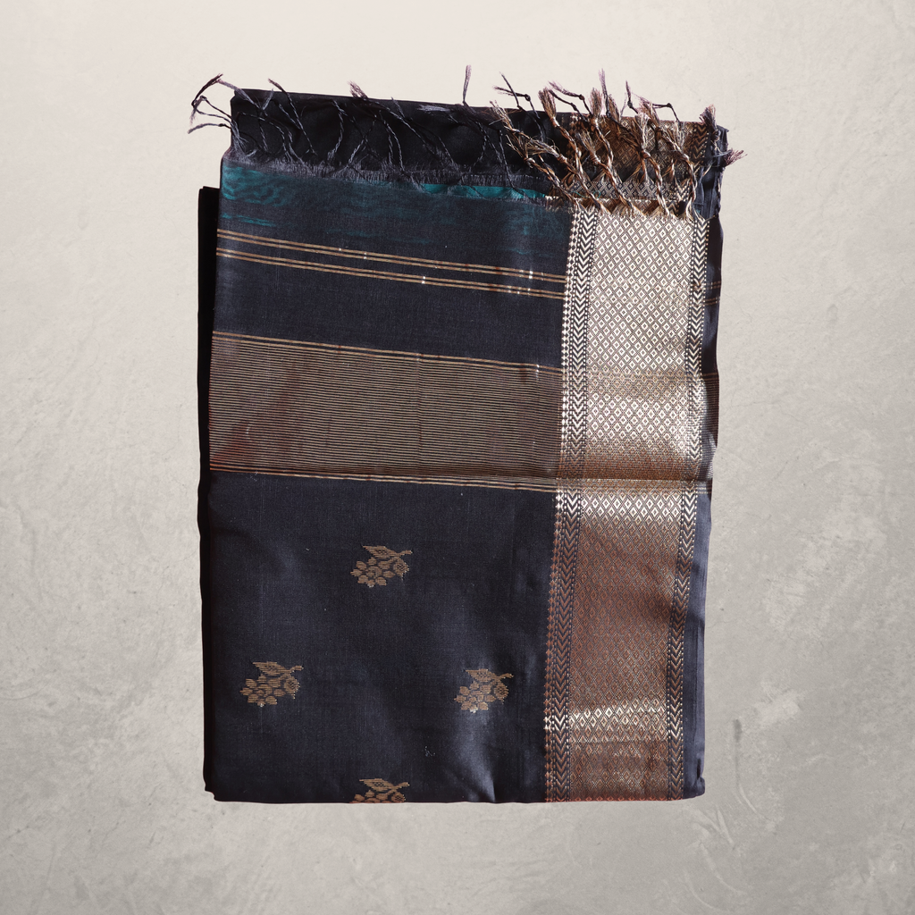 Classic Black Maheshwari Silk Cotton Saree with Gold Butti and Rich Zari Border