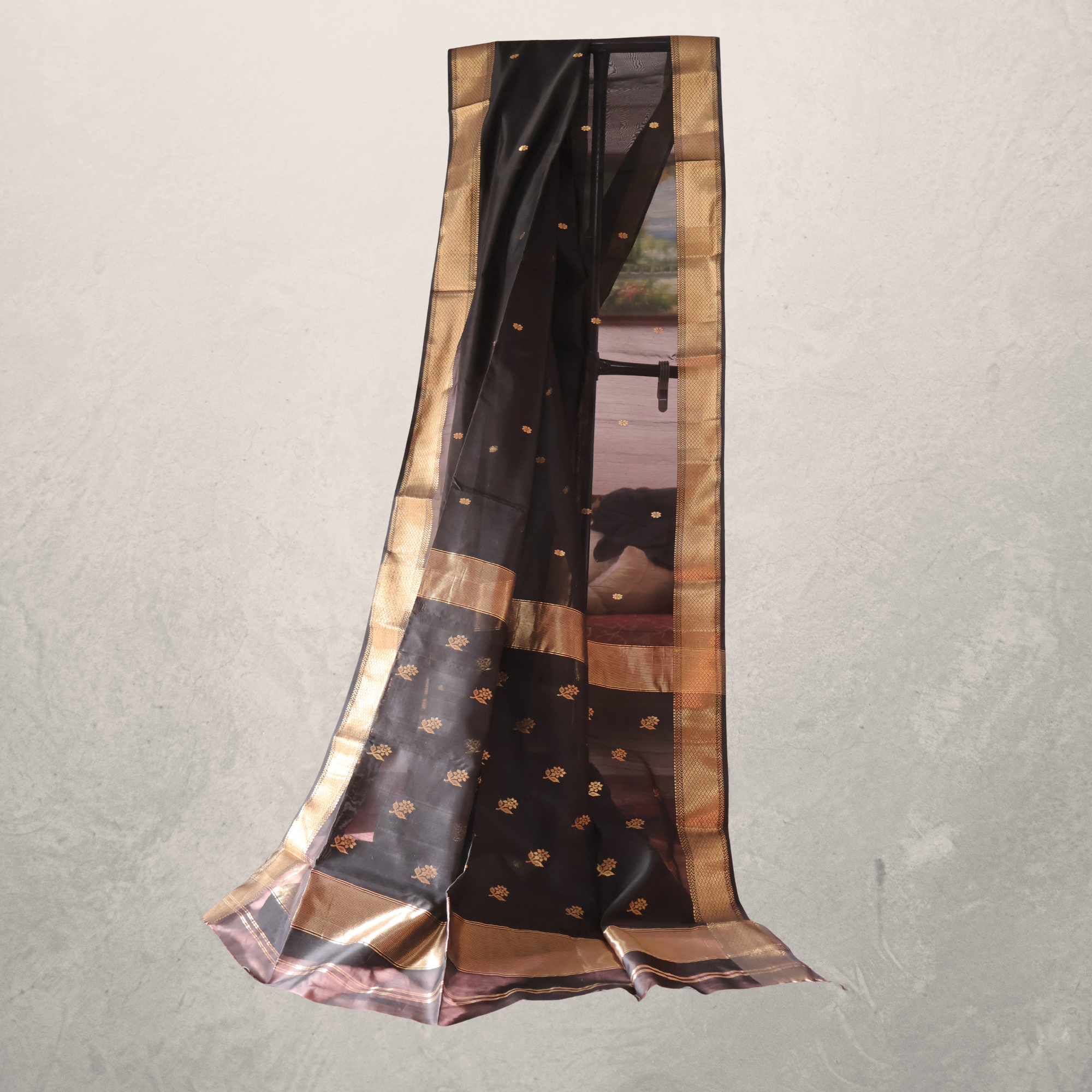 Classic Black Maheshwari Silk Cotton Saree with Gold Butti and Rich Zari Border