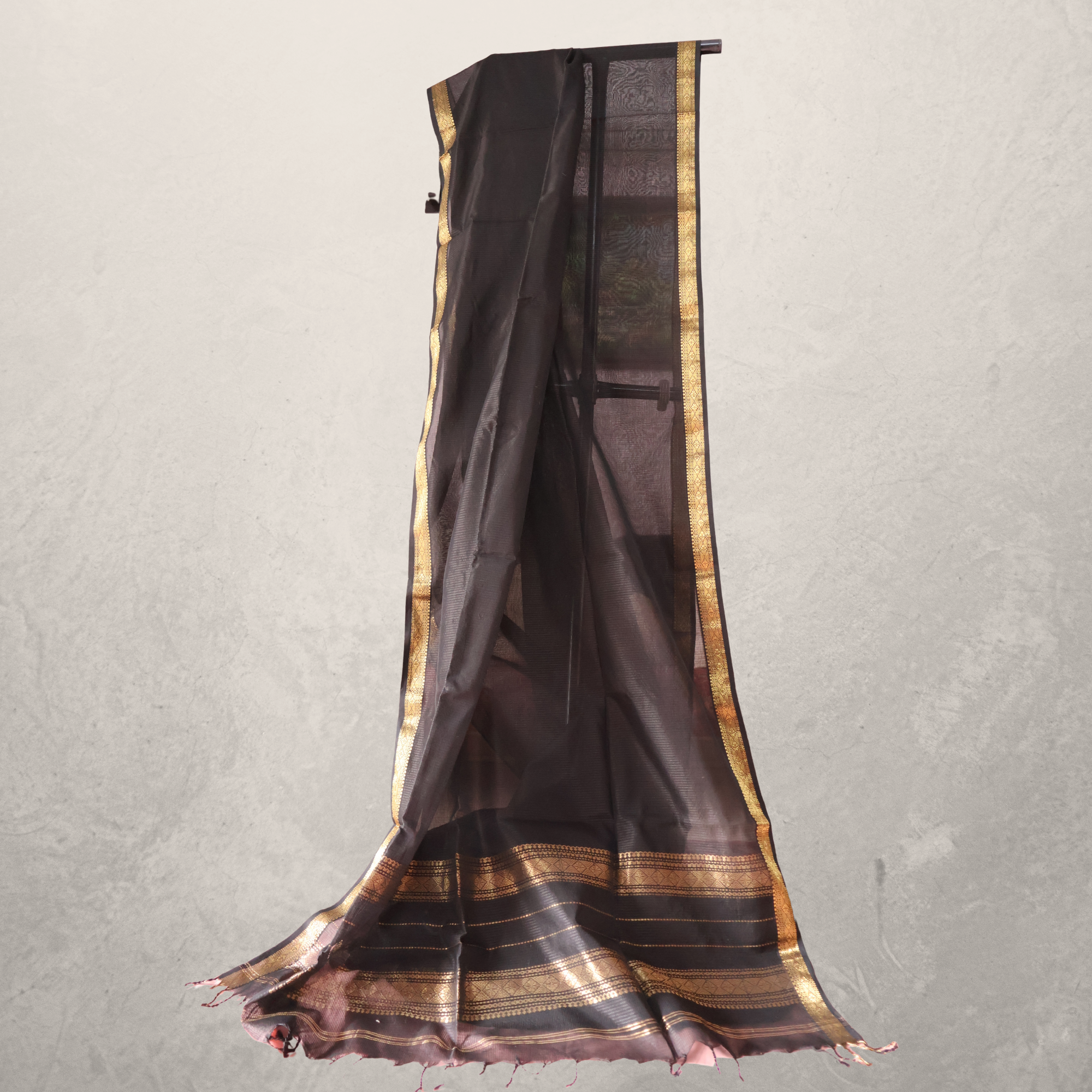 Black Induri Cotton Saree with Karn-Phool and Antique Gold Border