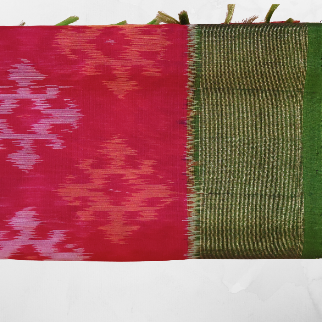 Bright Pink Cotton Silk Pochampally Ikat Saree with Green Zari Border