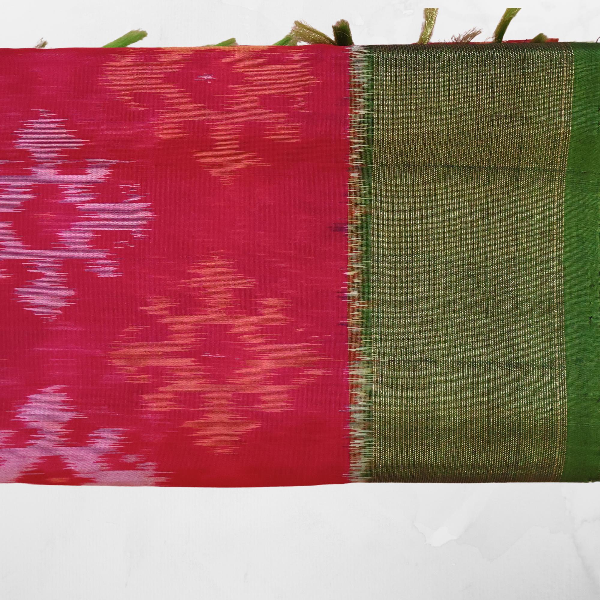 Bright Pink Cotton Silk Pochampally Ikat Saree with Green Zari Border