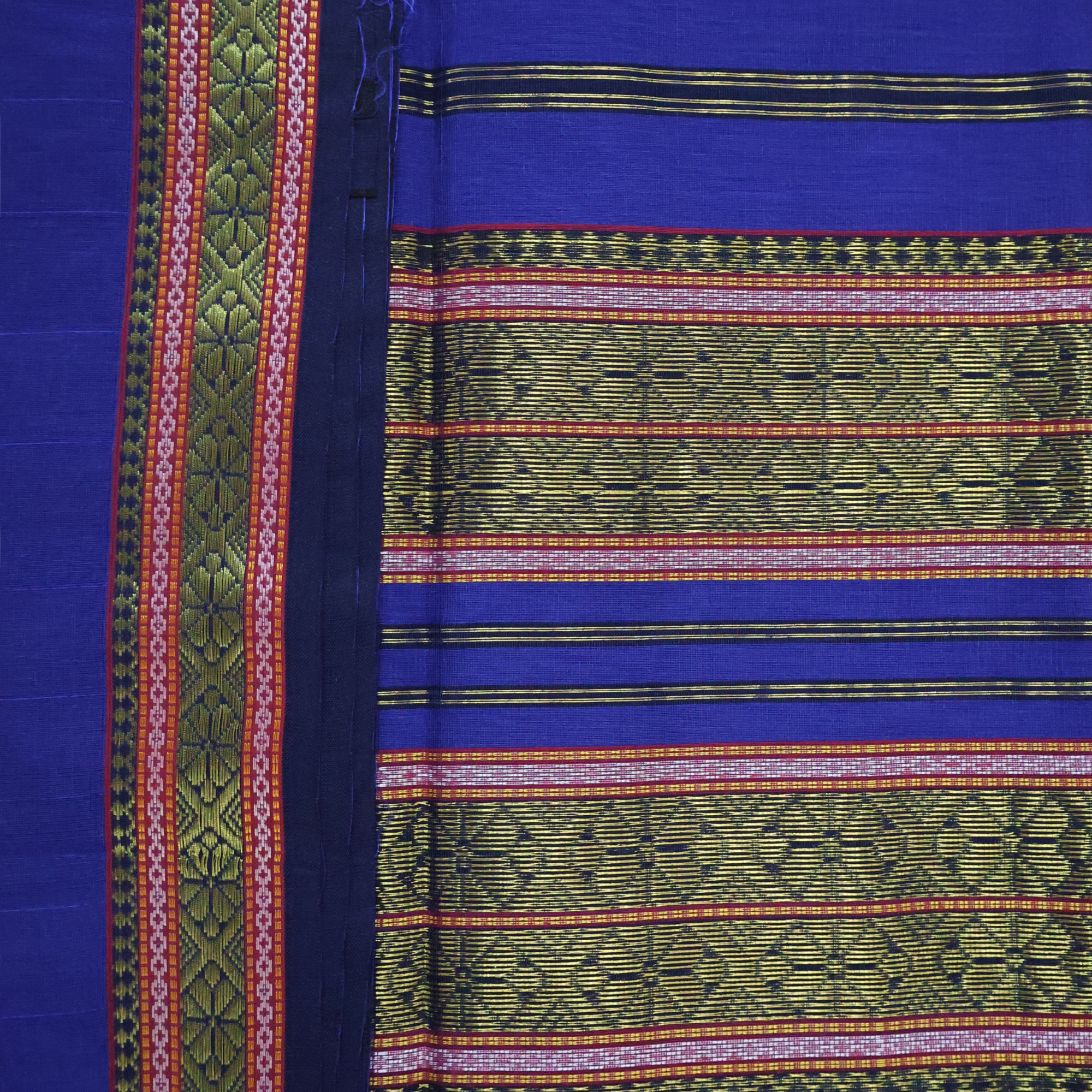 Royal Blue Induri Silk-Cotton Saree with Rui-Phool Border