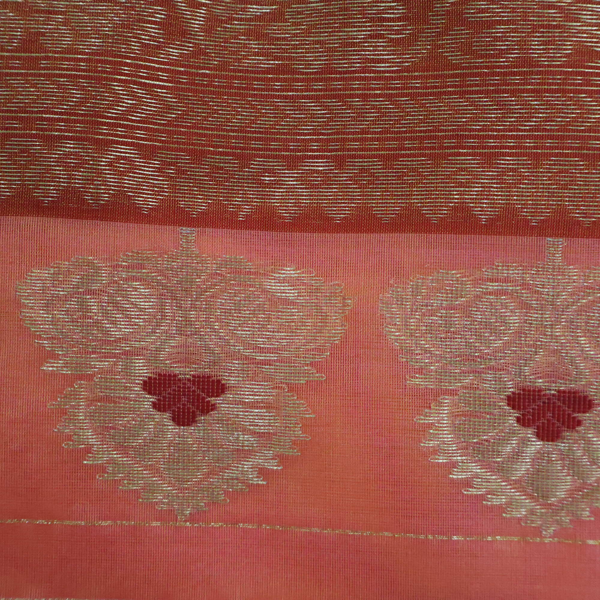 Dual-Tone Orange & Red Katan Silk Chanderi Saree with Nakshi Jaal Border and Silver–Gold Zari Motifs