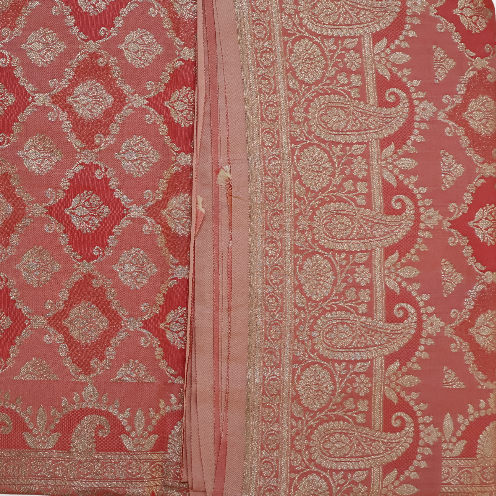 Peach Katan Silk Banarasi Saree with Silver Zari Motifs & Ornate Border