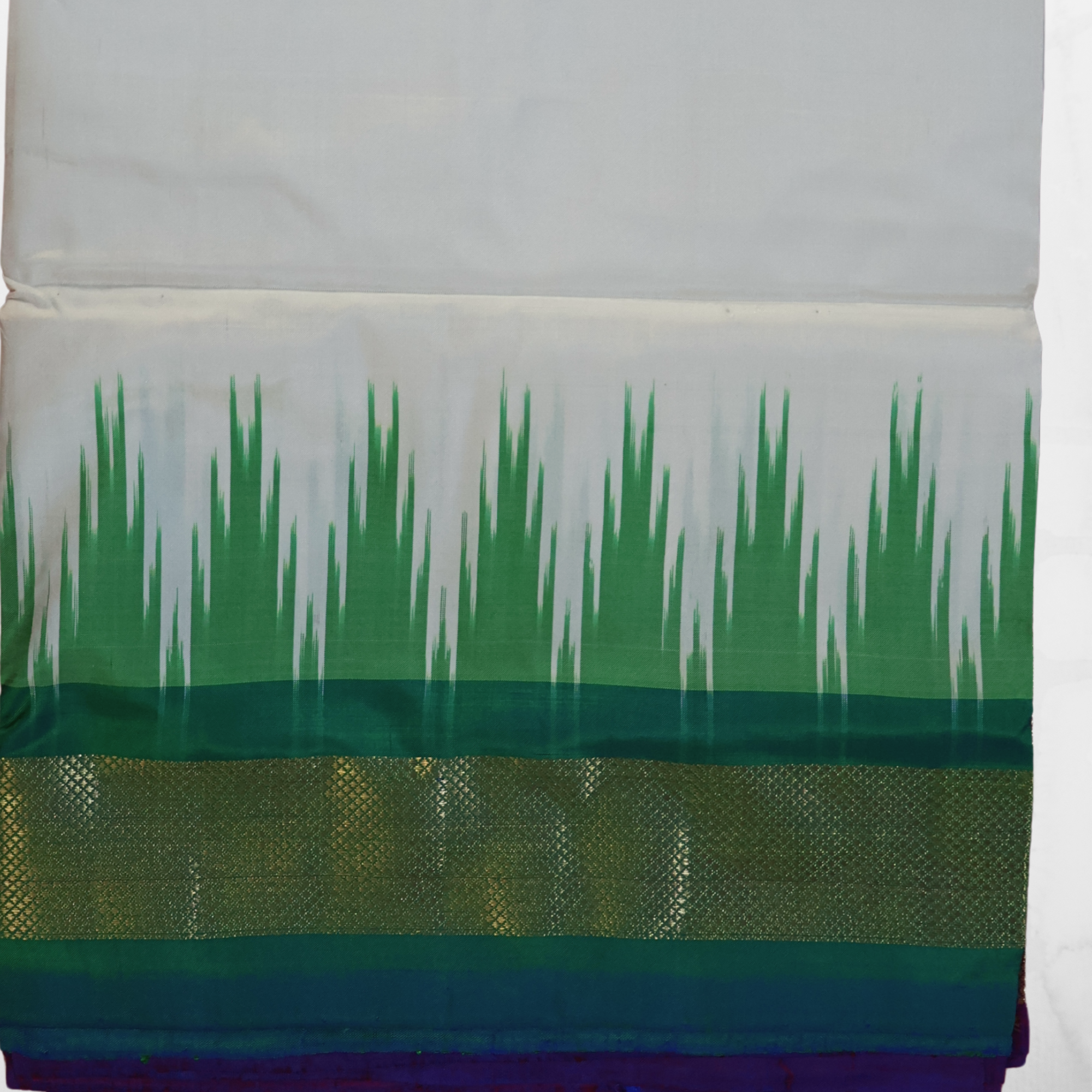 Pure Silk White Pochampally Ikat Saree with Two-Colour Border and Rich Purple Pallu
