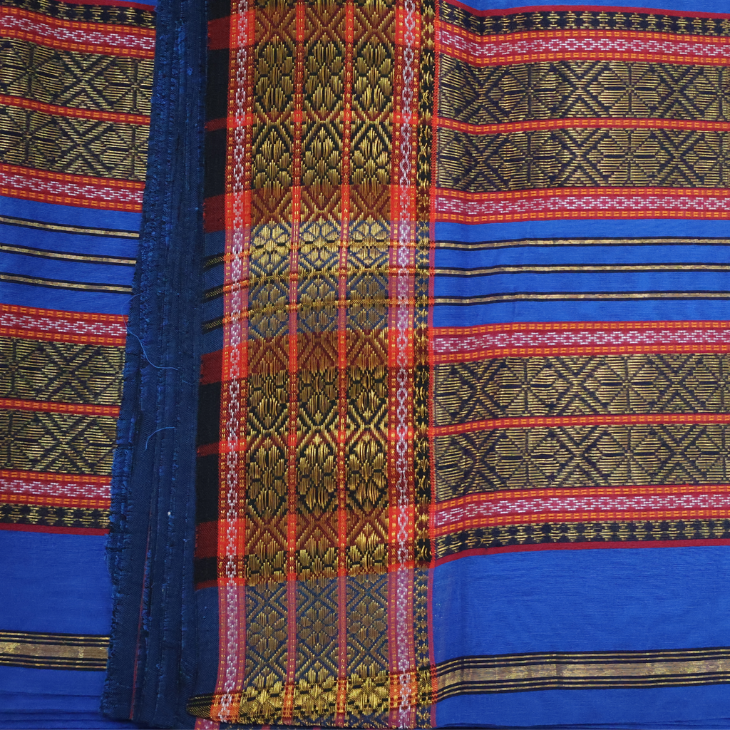 Royal Blue Induri Silk-Cotton Saree with Rui-Phool Border