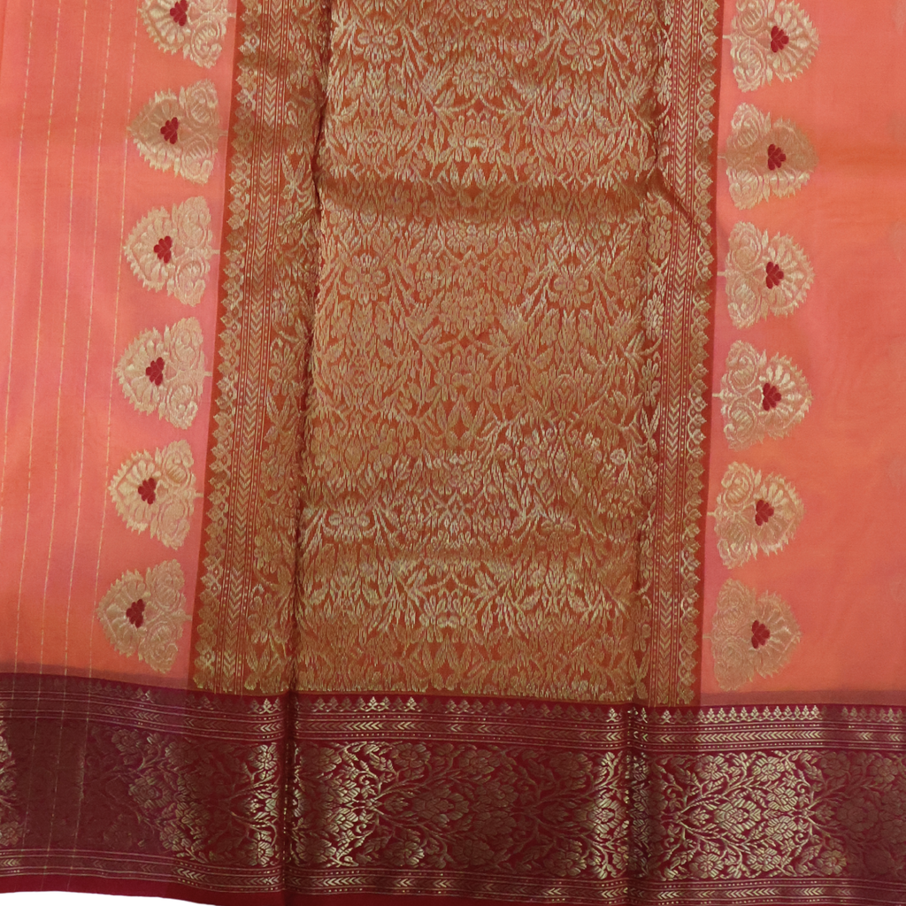 Dual-Tone Orange & Red Katan Silk Chanderi Saree with Nakshi Jaal Border and Silver–Gold Zari Motifs