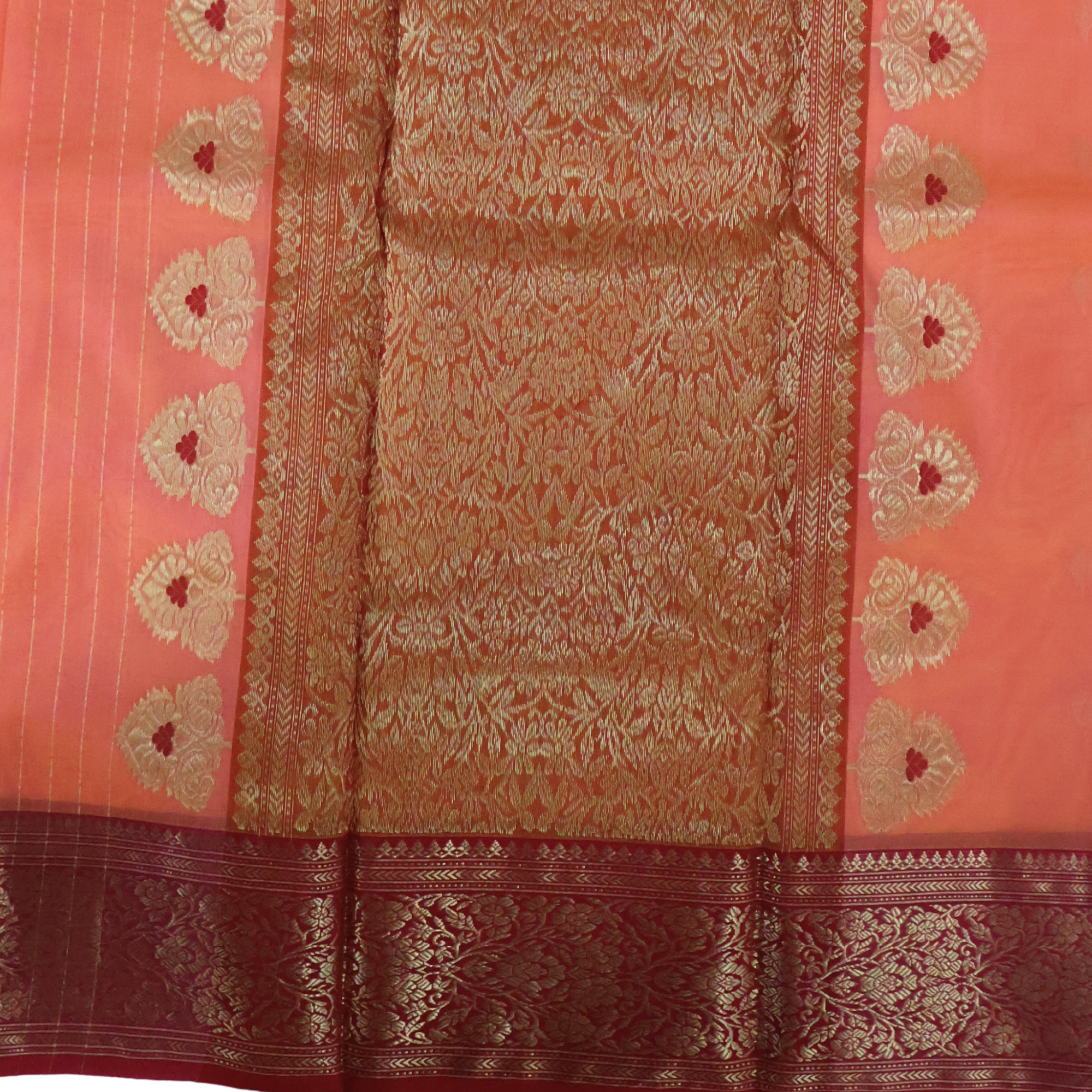 Dual-Tone Orange & Red Katan Silk Chanderi Saree with Nakshi Jaal Border and Silver–Gold Zari Motifs