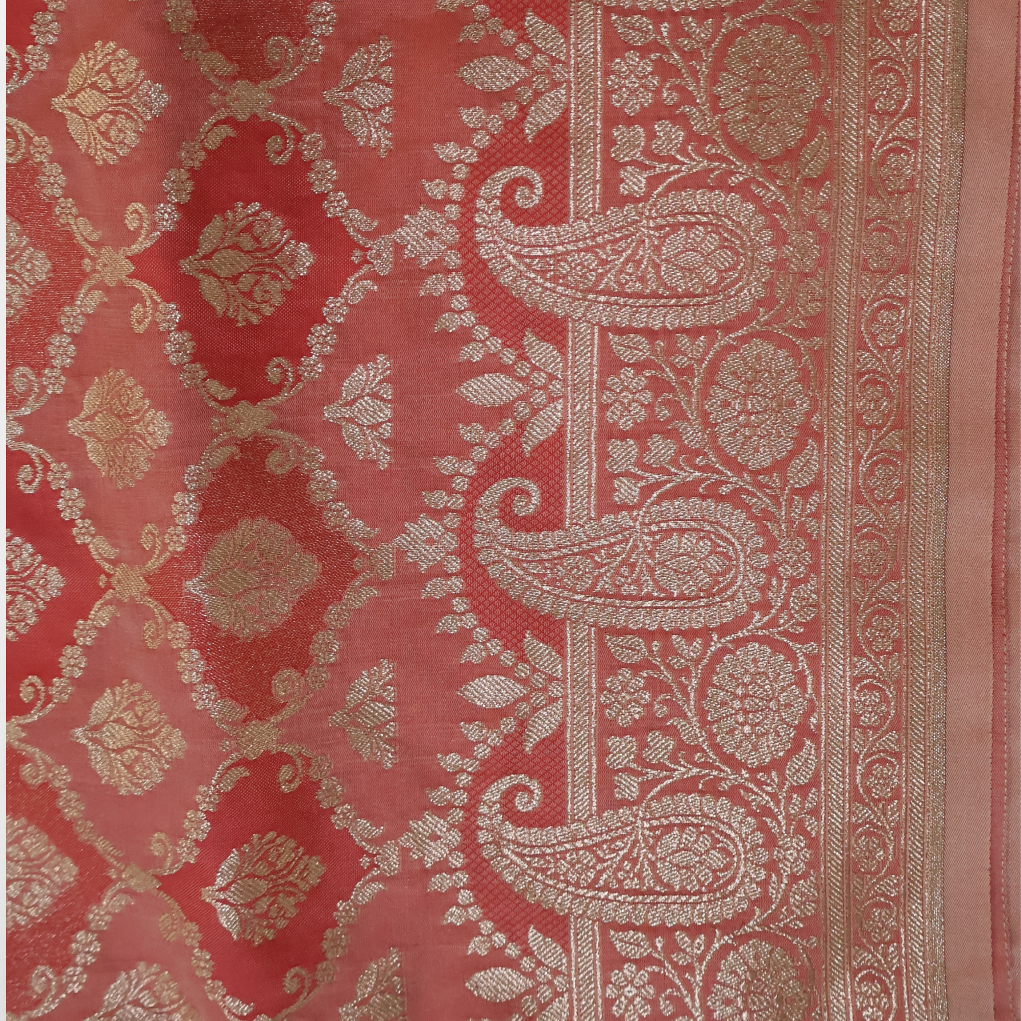Peach Katan Silk Banarasi Saree with Silver Zari Motifs & Ornate Border