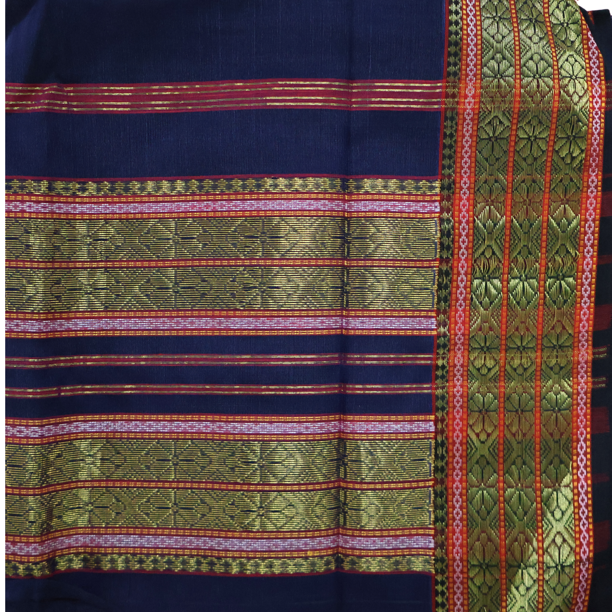 Deep Indigo Induri Silk-Cotton Saree with Traditional Rui-Phool & Zari Border