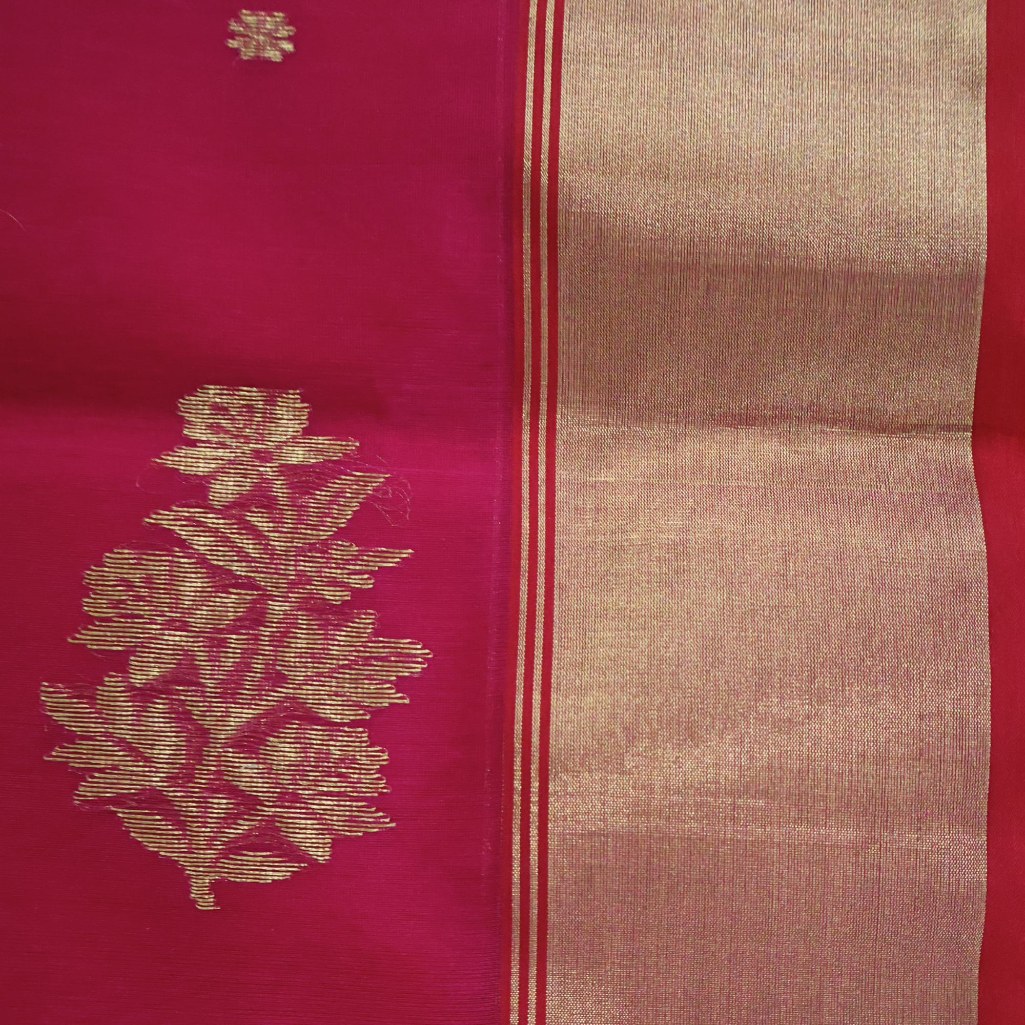 Bright Pink Katan Silk Chanderi Saree with Gold Zari Floral Butti & Classic Border