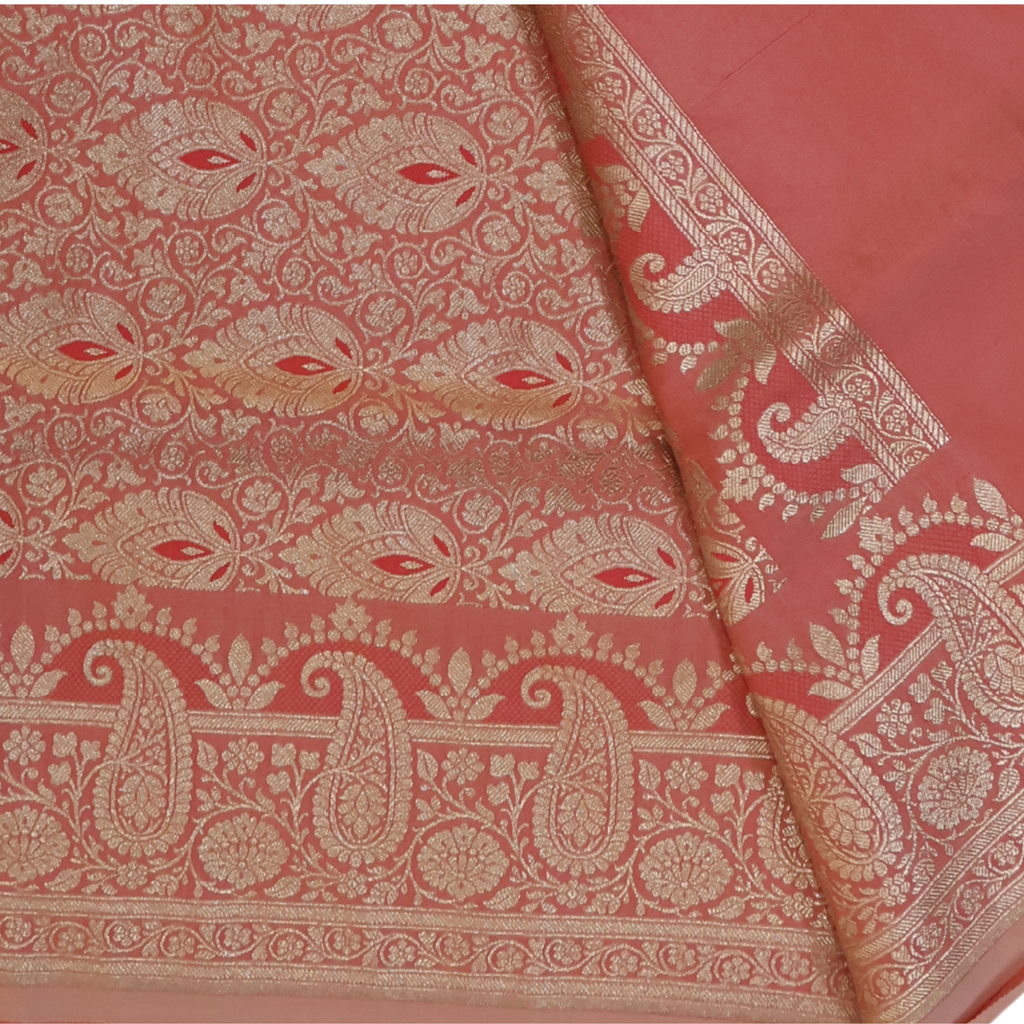 Peach Katan Silk Banarasi Saree with Silver Zari Motifs & Ornate Border