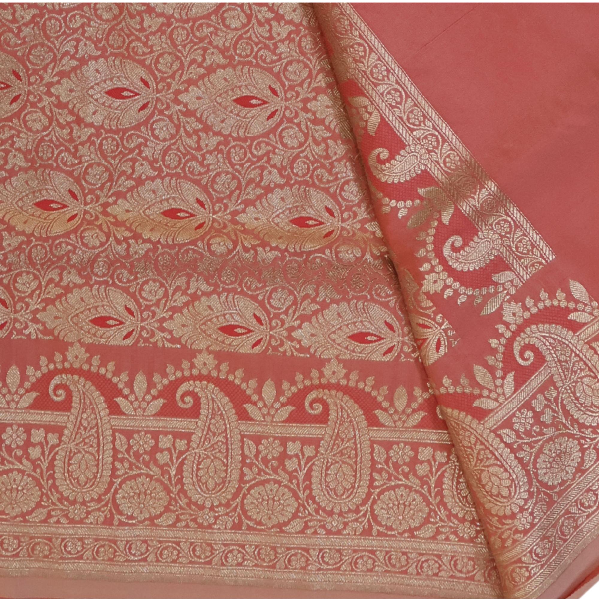 Peach Katan Silk Banarasi Saree with Silver Zari Motifs & Ornate Border