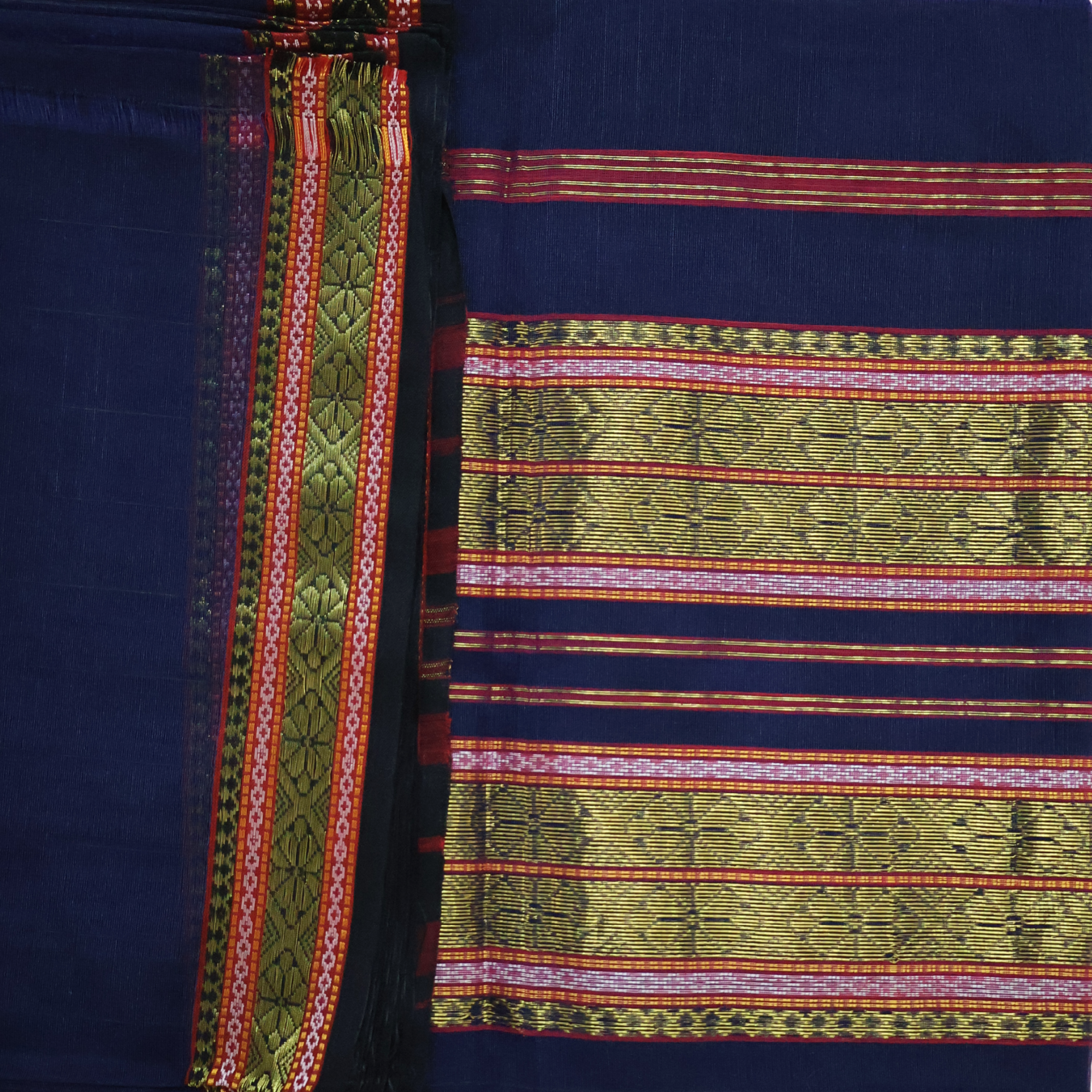 Deep Indigo Induri Silk-Cotton Saree with Traditional Rui-Phool & Zari Border