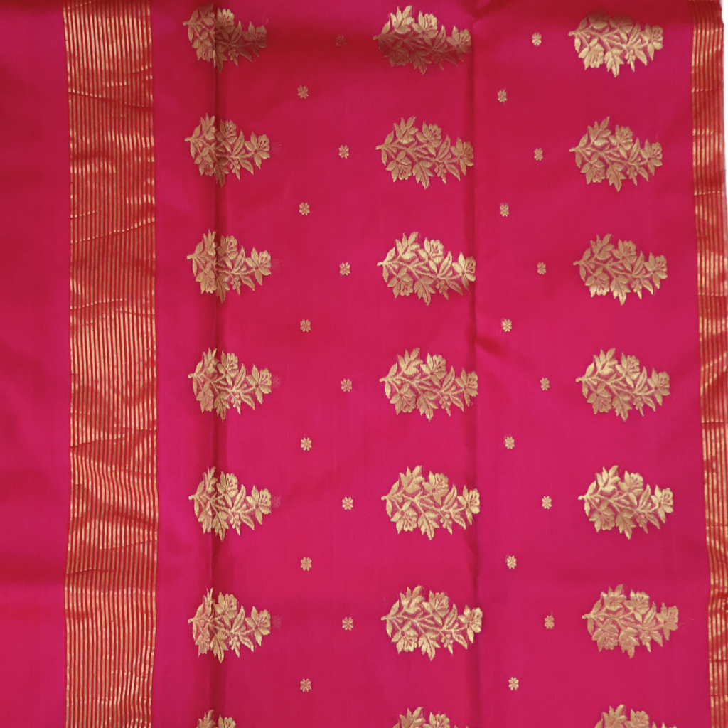 Bright Pink Katan Silk Chanderi Saree with Gold Zari Floral Butti & Classic Border
