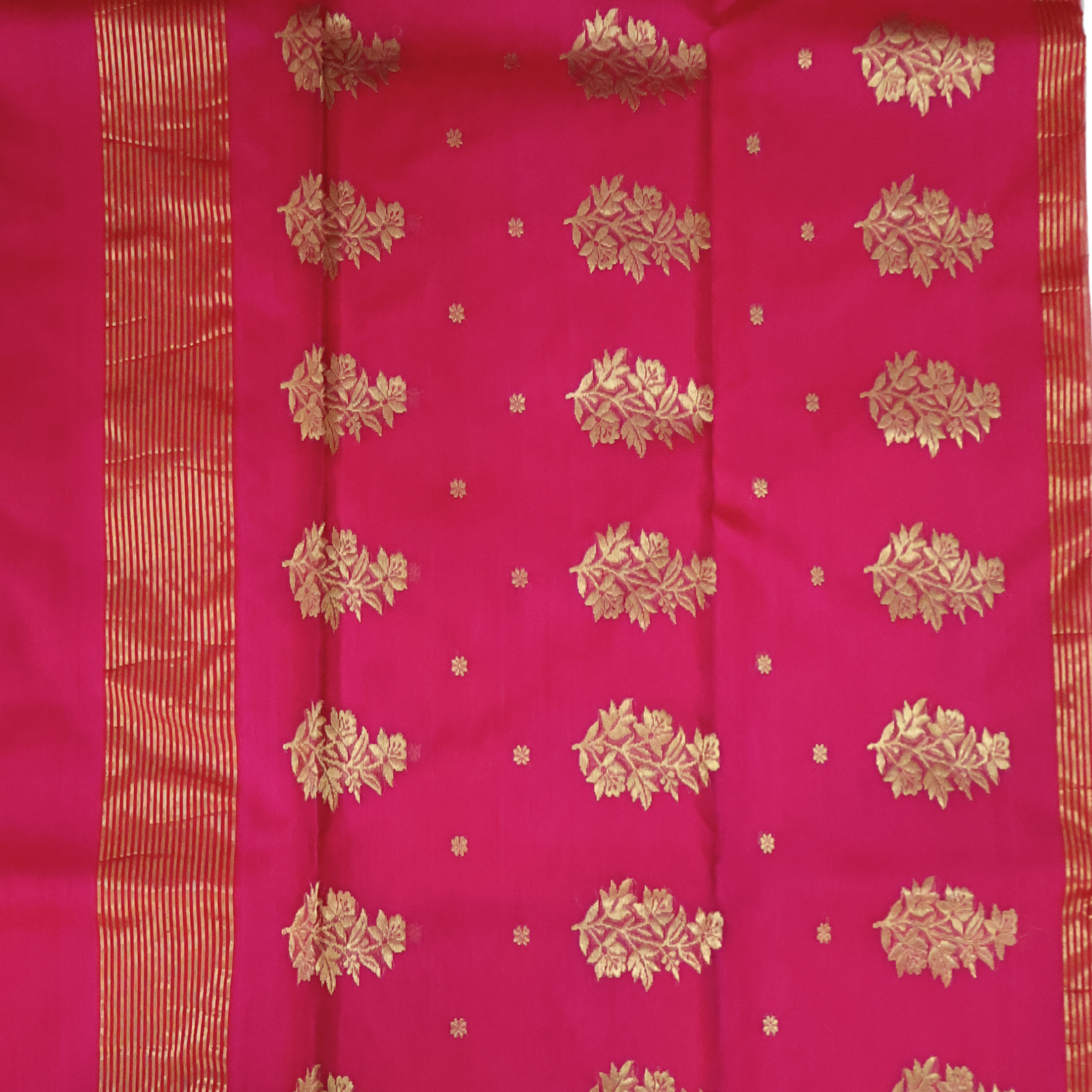 Bright Pink Katan Silk Chanderi Saree with Gold Zari Floral Butti & Classic Border