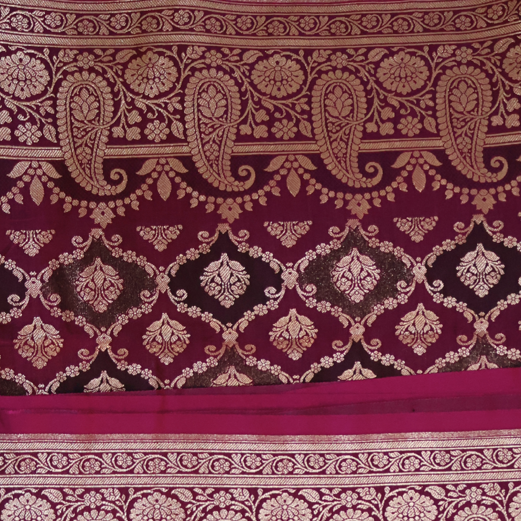 Wine Katan Silk Banarasi Saree with Silver Zari Paisley Border & Buta Weave