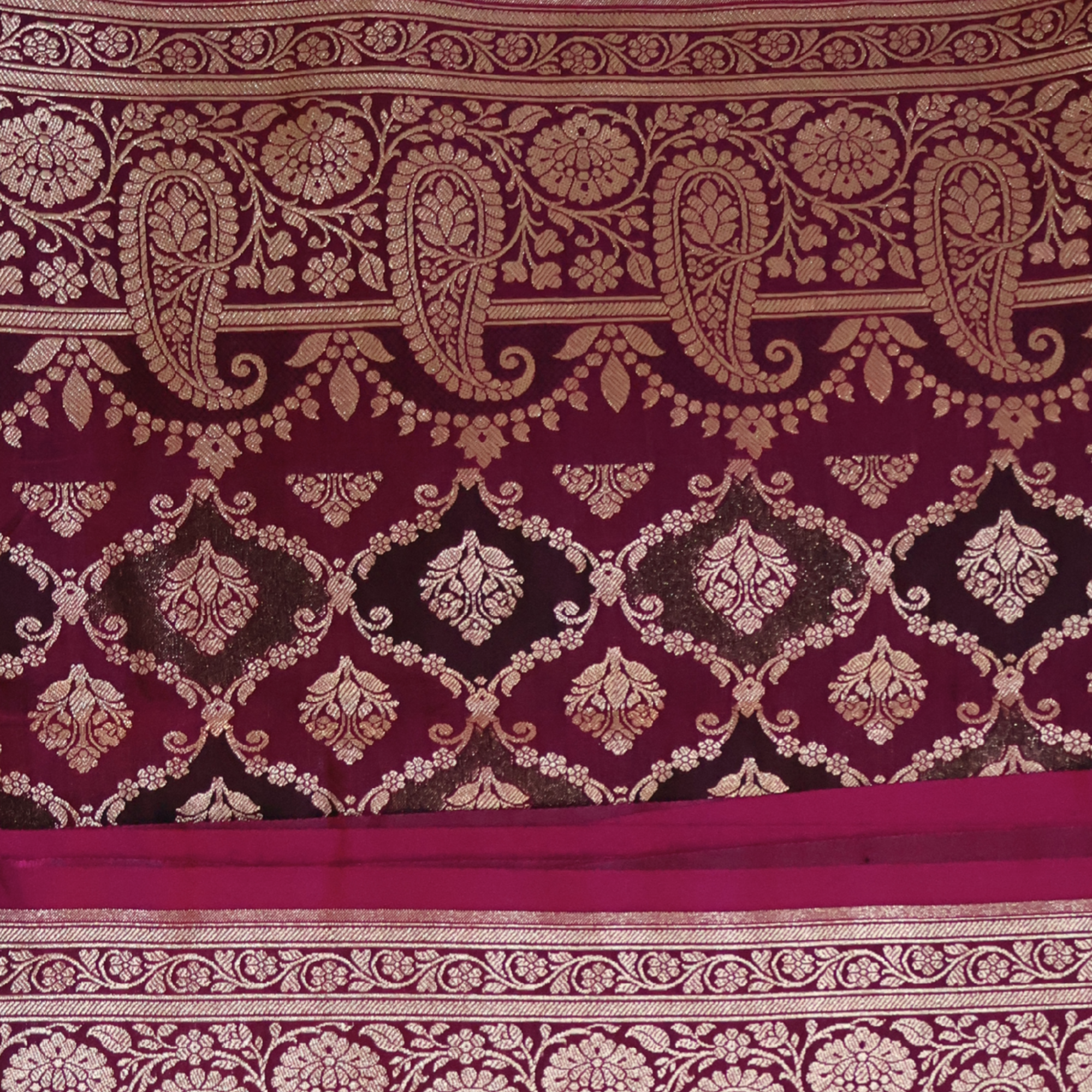 Wine Katan Silk Banarasi Saree with Silver Zari Paisley Border & Buta Weave