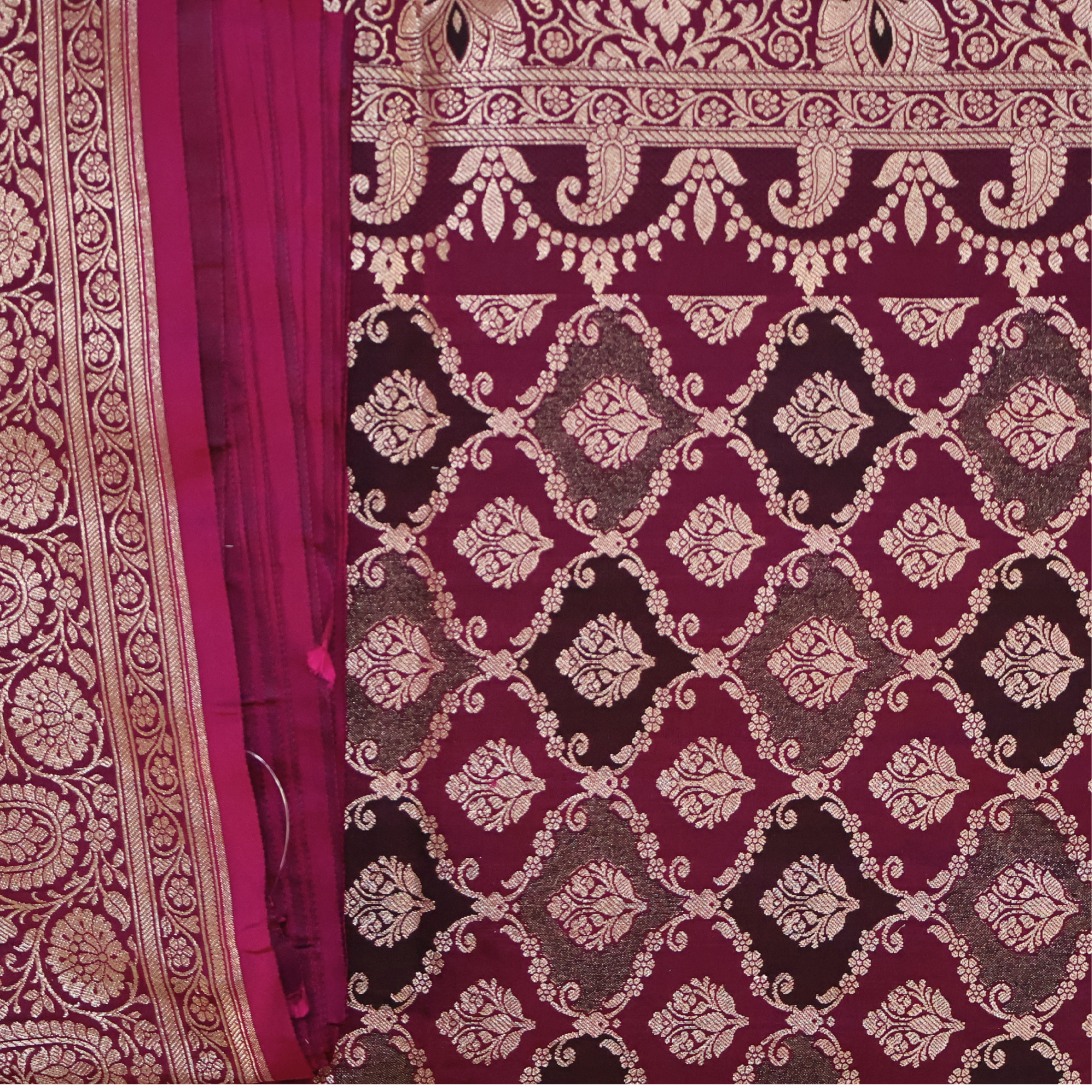 Wine Katan Silk Banarasi Saree with Silver Zari Paisley Border & Buta Weave