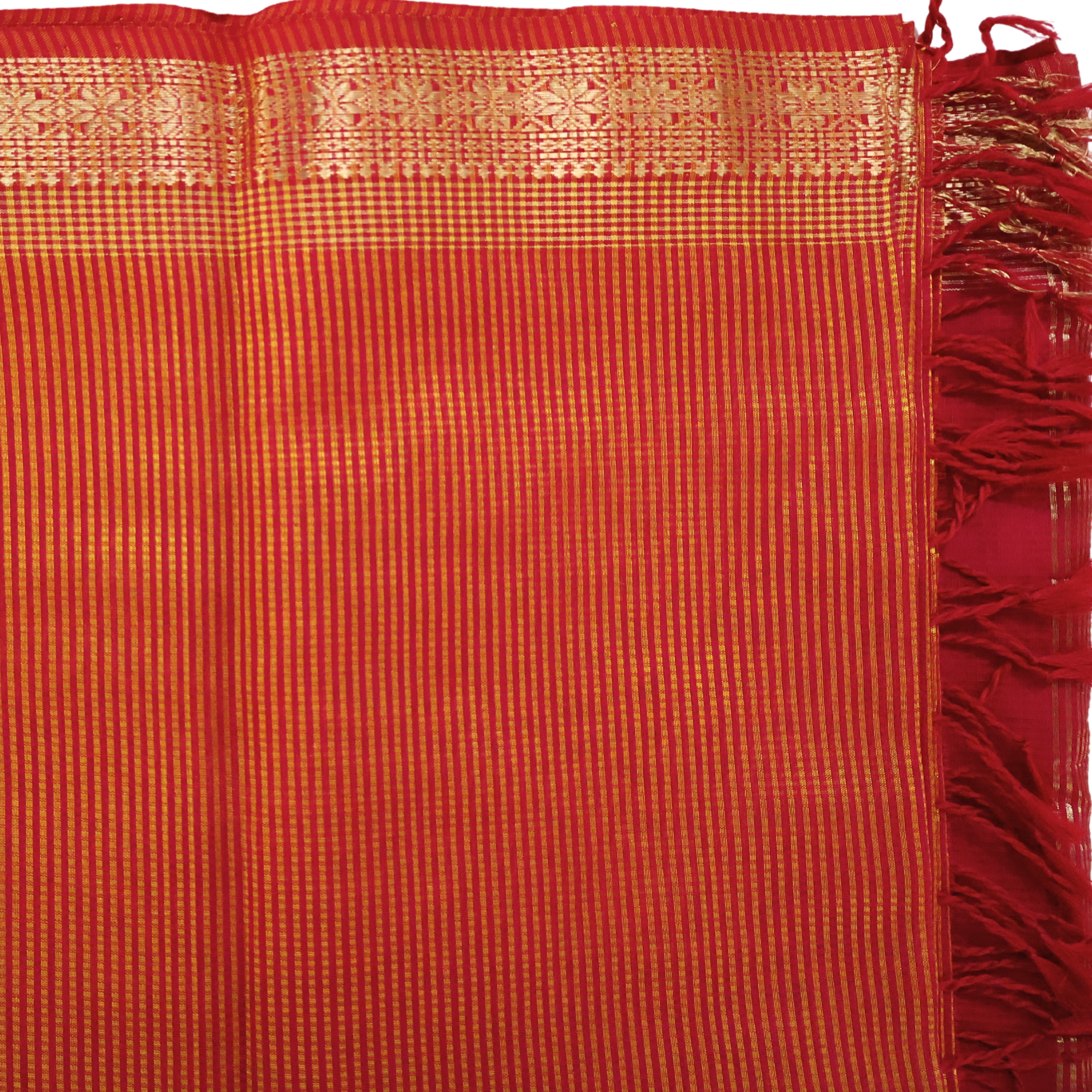 Classic Red Induri Silk-Cotton Saree with Fine Gold Stripe Weave and Traditional Karn-Phool border
