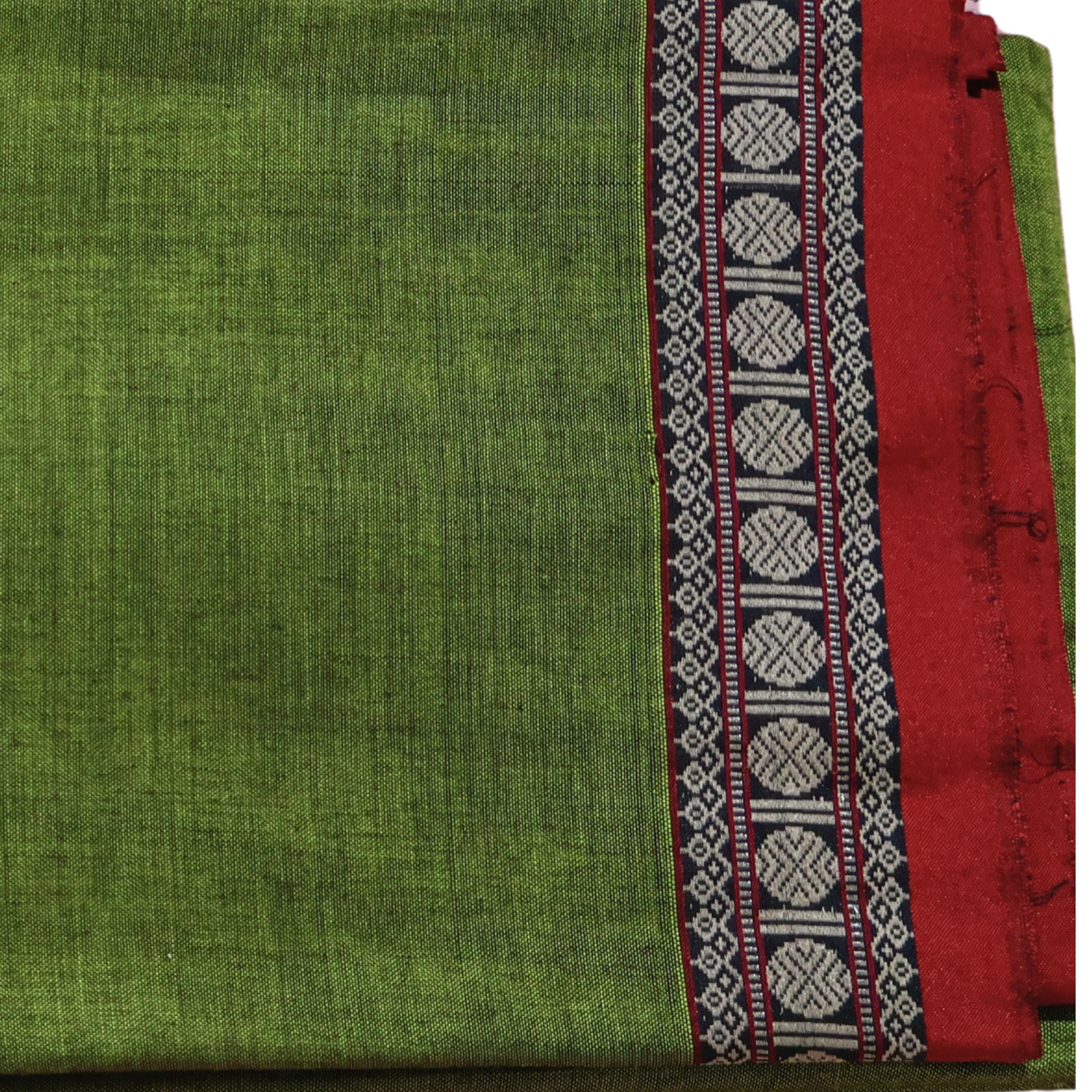 Green Handloom Narayanpet Cotton Saree with Red & Black Geometric Border | Traditional Everyday Cotton Saree