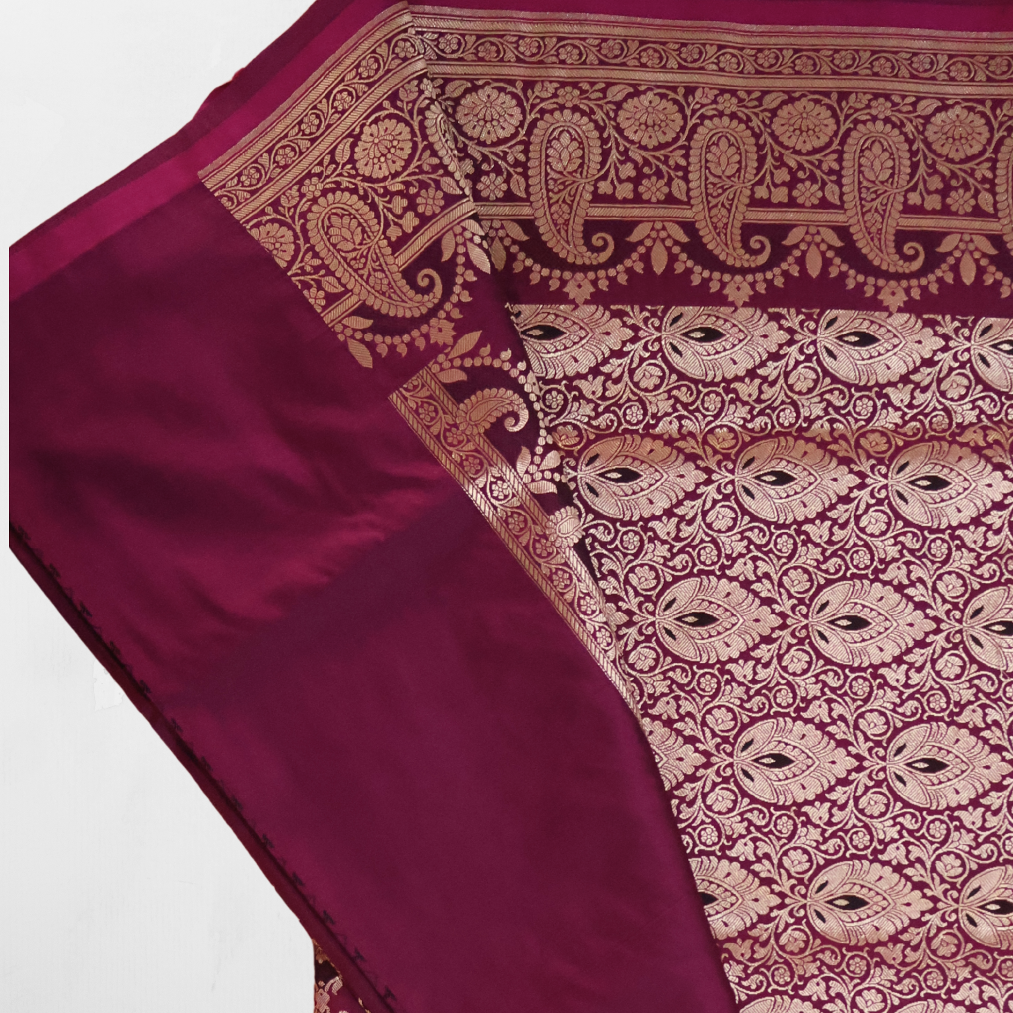 Wine Katan Silk Banarasi Saree with Silver Zari Paisley Border & Buta Weave